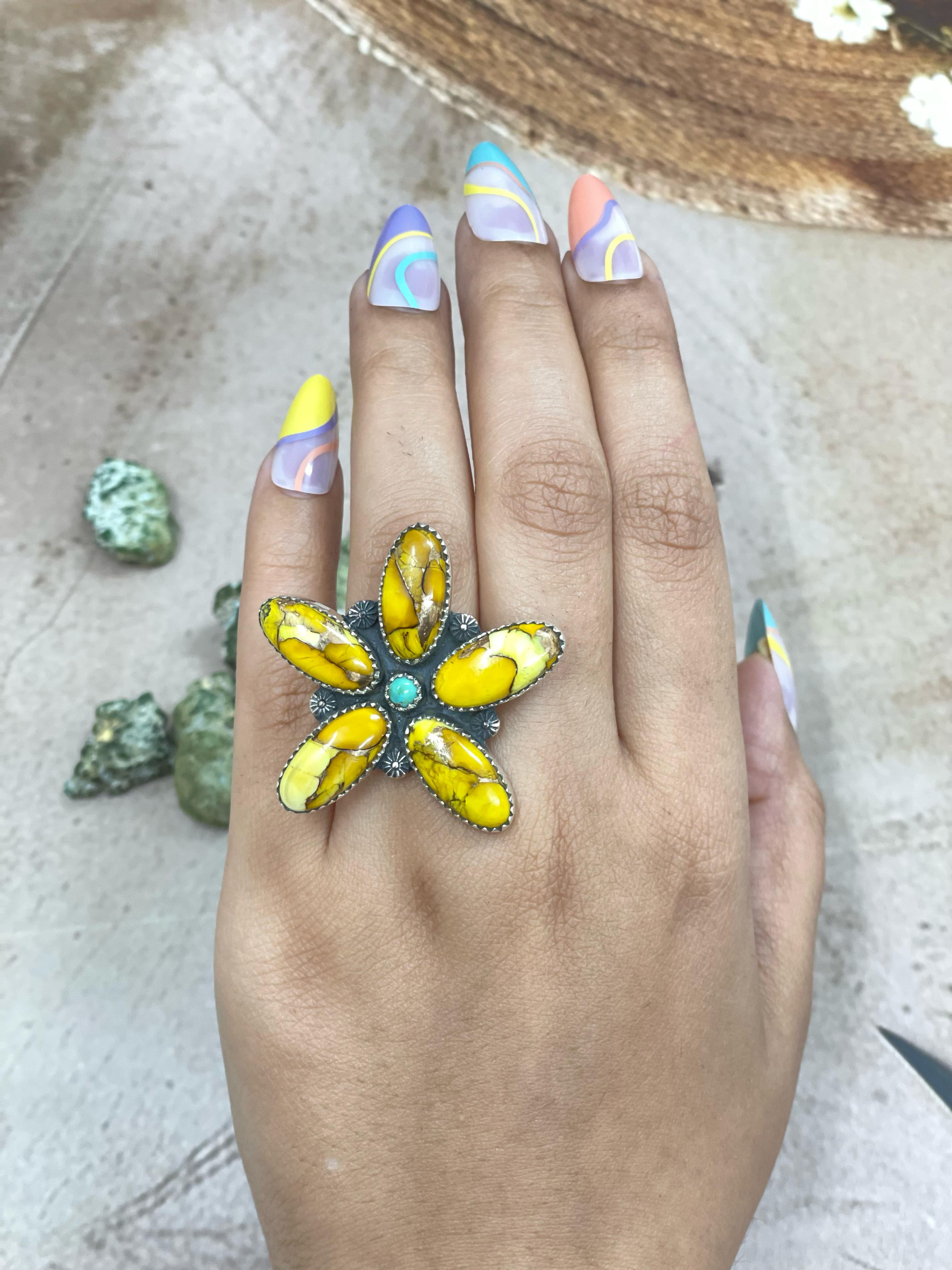 Handmade Sterling Silver Honey Dahlia with Kingman Turquoise Adjustable Flower Ring with Signed Nizhoni