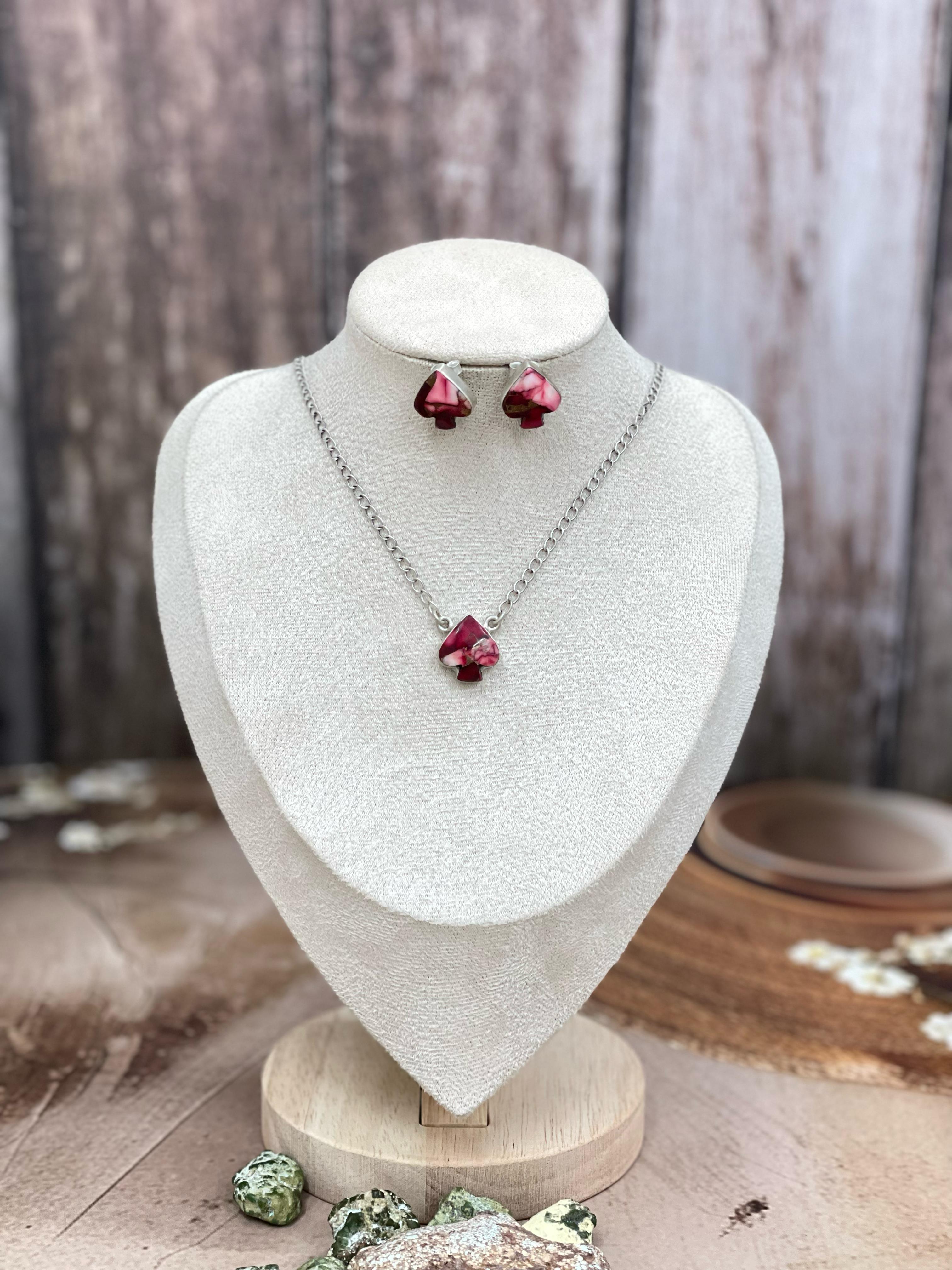 Handmade Sterling Silver Dahlia Rose, White Buffalo Turquoise Spade Necklace Earring Set with Signed Nizhoni