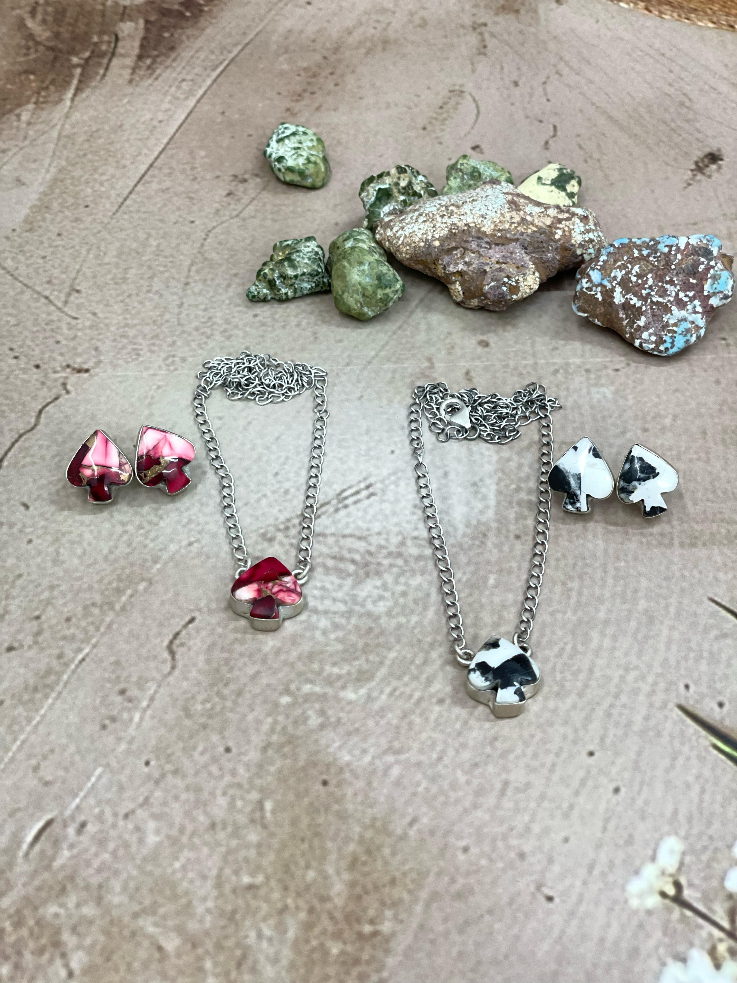 Handmade Sterling Silver Dahlia Rose, White Buffalo Turquoise Spade Necklace Earring Set with Signed Nizhoni