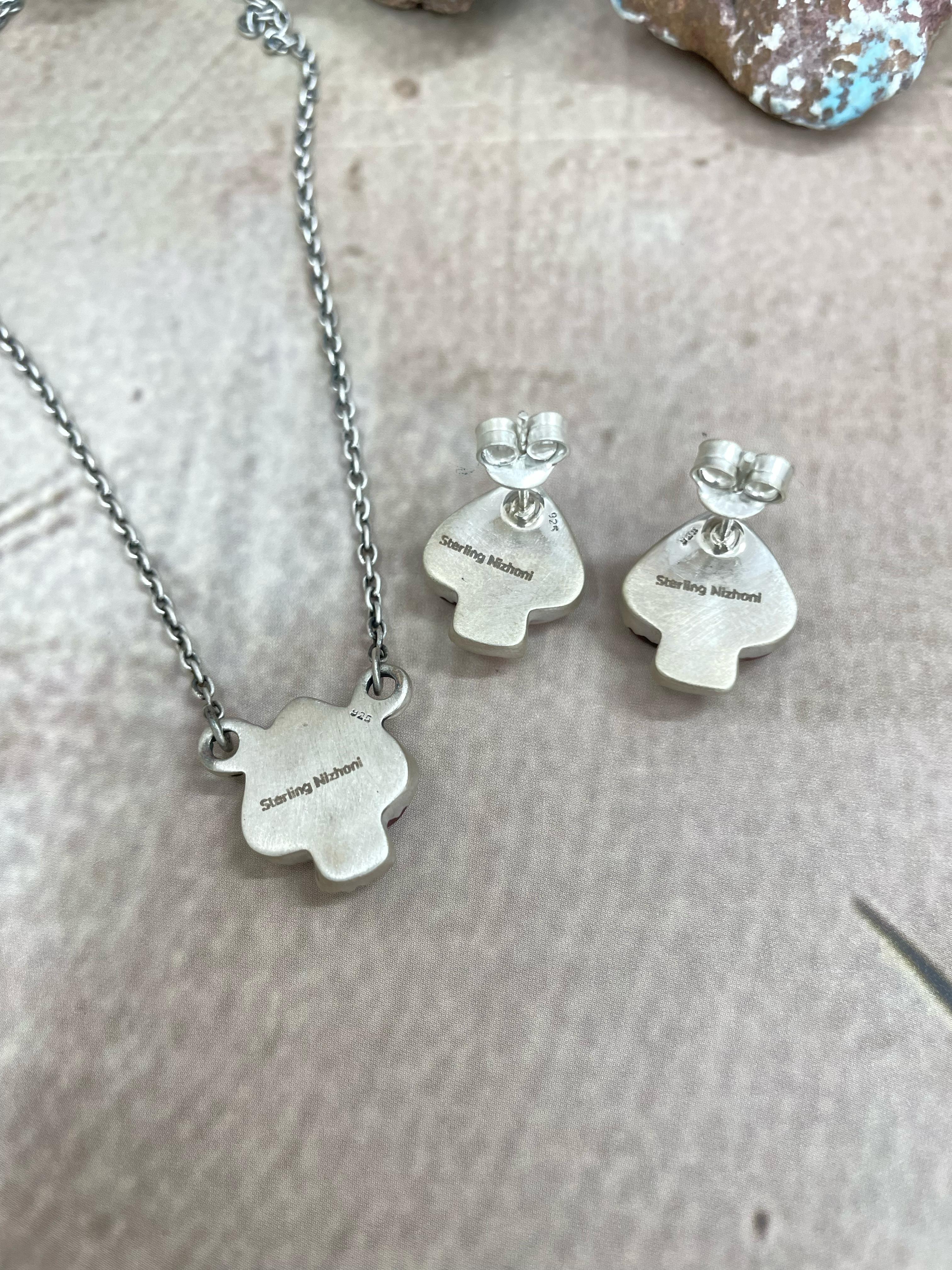Handmade Sterling Silver Dahlia Rose, White Buffalo Turquoise Spade Necklace Earring Set with Signed Nizhoni