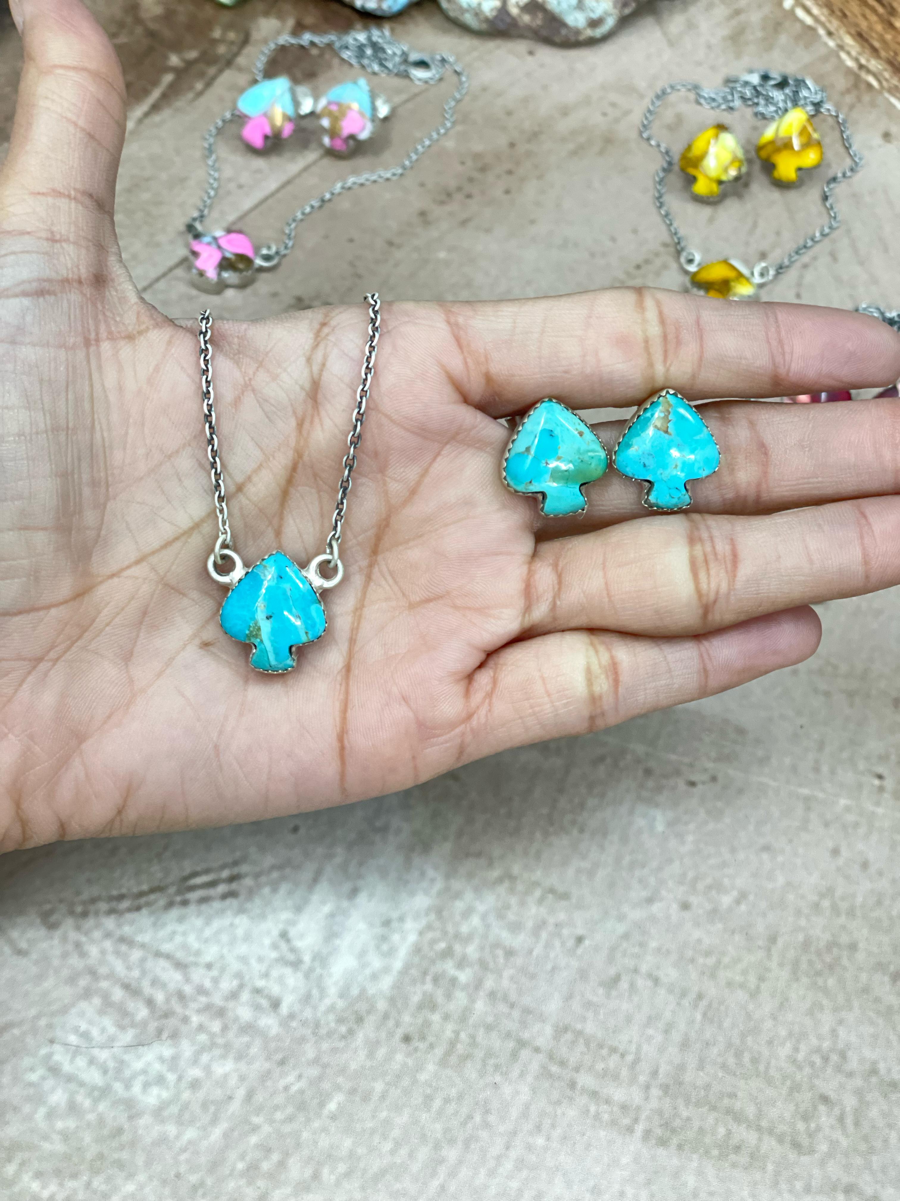 Handmade Sterling Silver Multi Stone Spade Necklace Earring Set with Signed Nizhoni