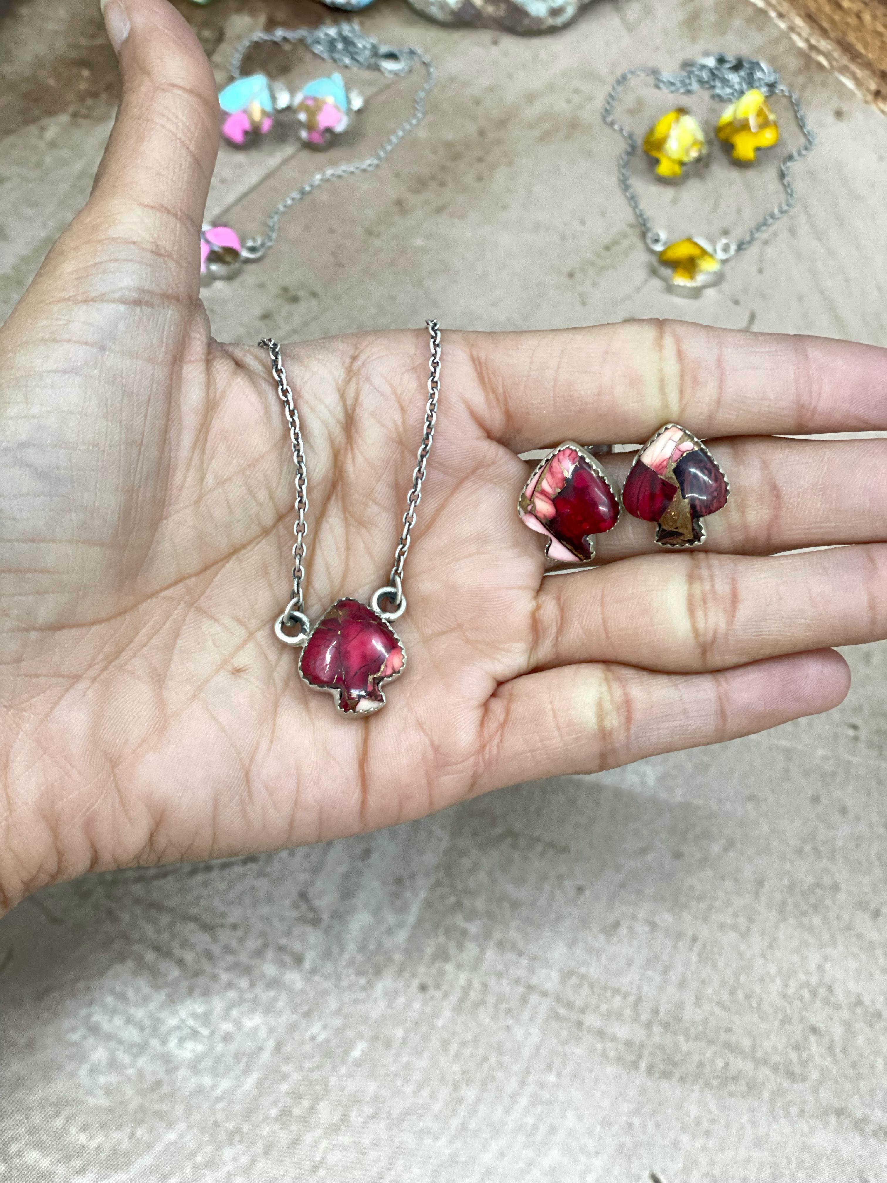 Handmade Sterling Silver Multi Stone Spade Necklace Earring Set with Signed Nizhoni