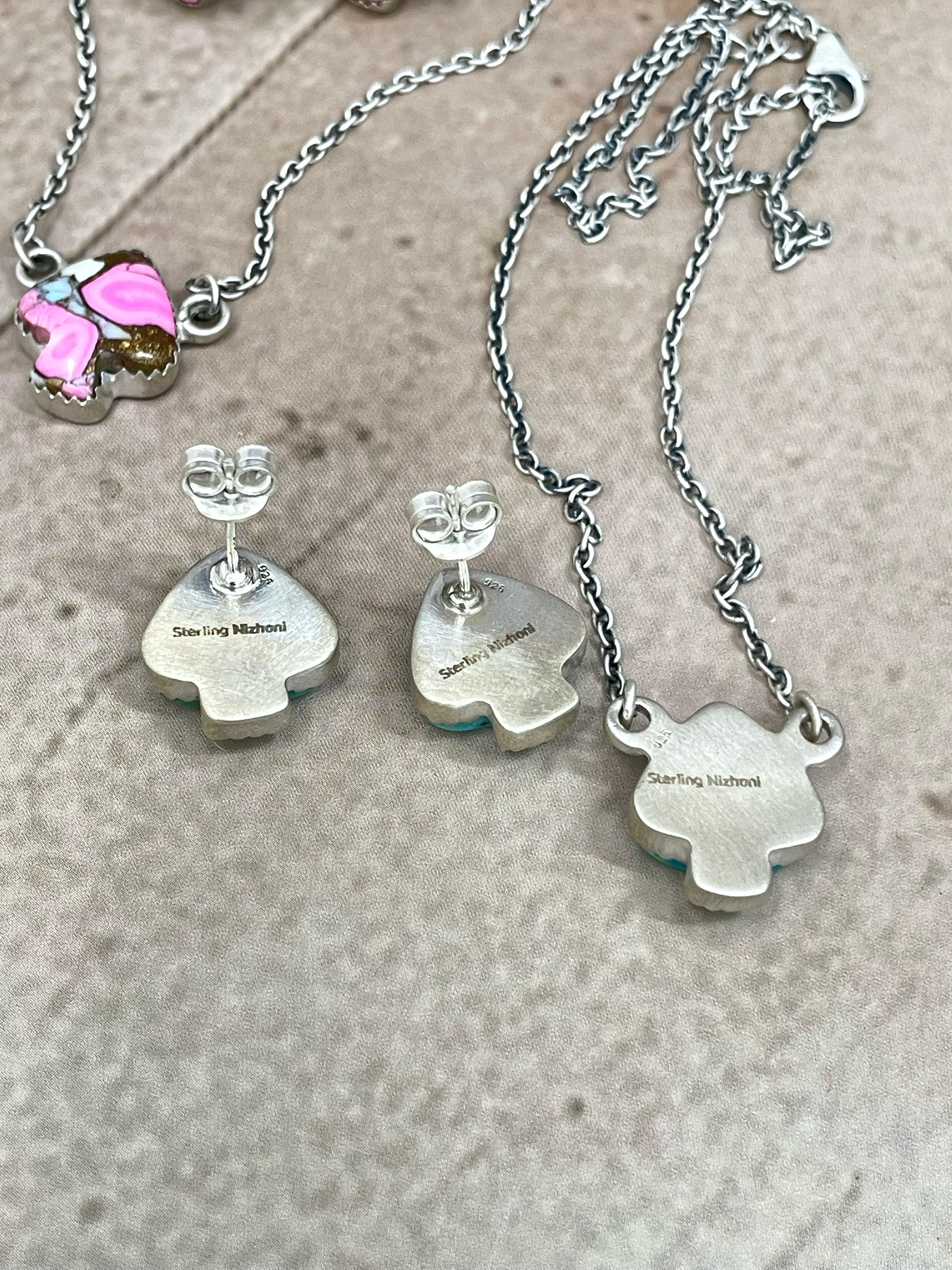 Handmade Sterling Silver Multi Stone Spade Necklace Earring Set with Signed Nizhoni