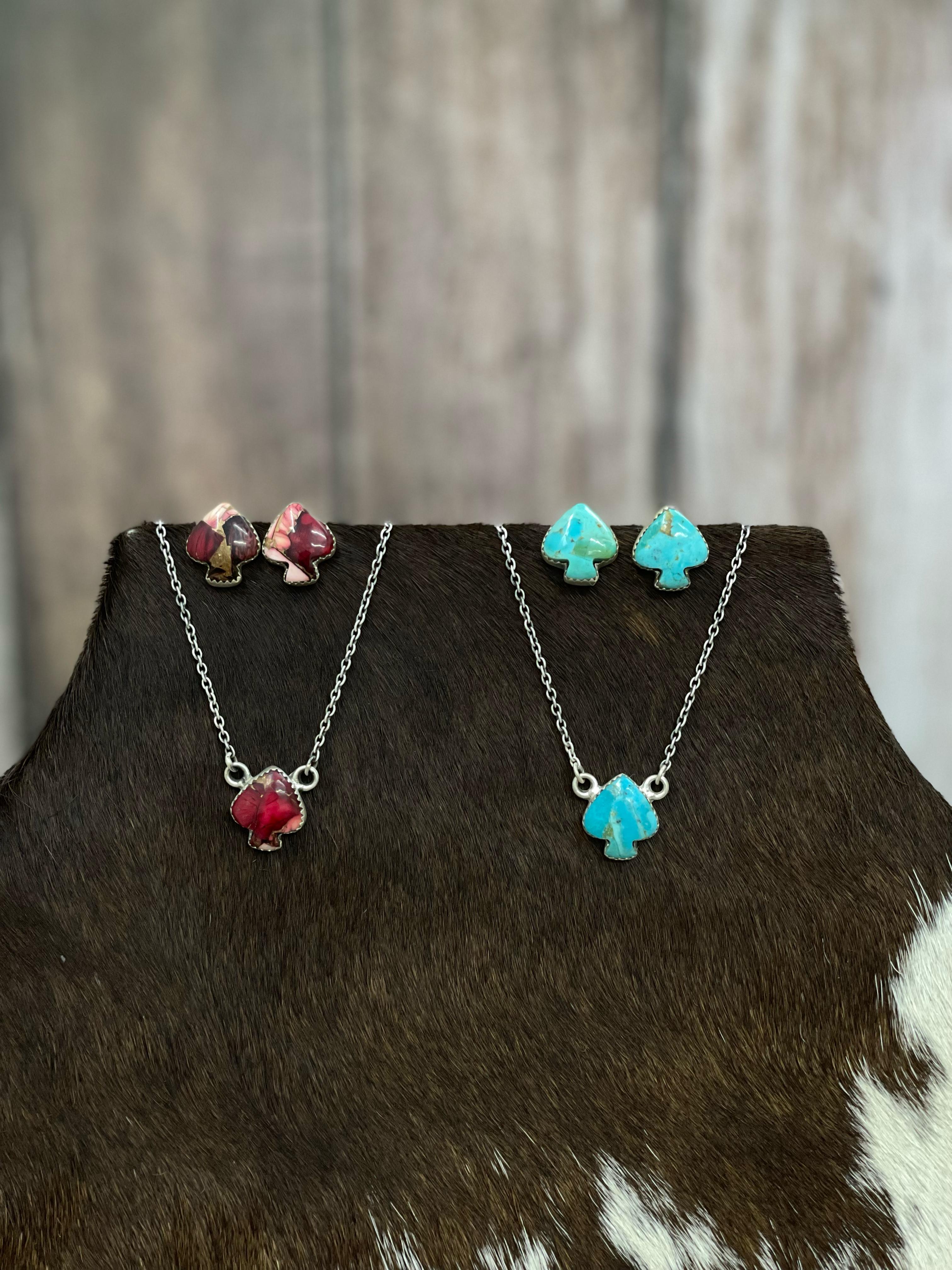 Handmade Sterling Silver Multi Stone Spade Necklace Earring Set with Signed Nizhoni