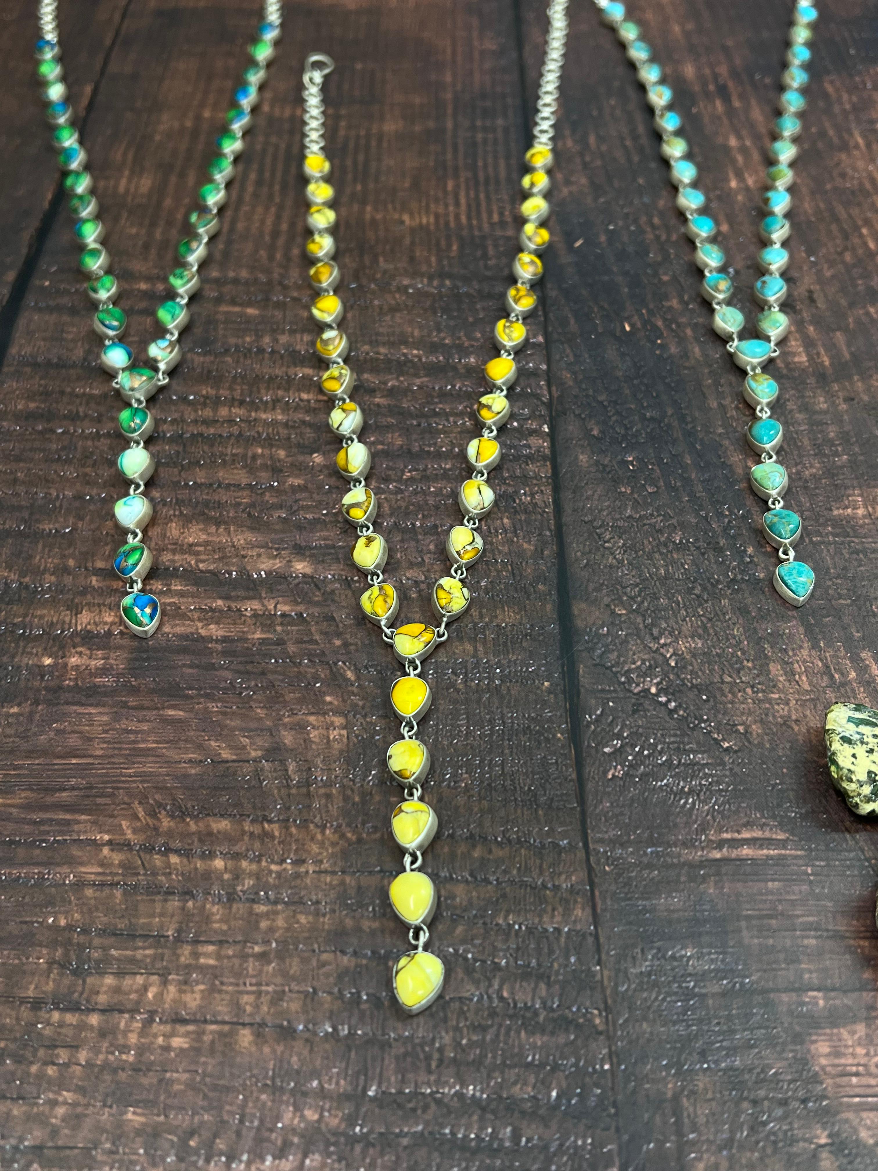 Handmade Sterling Silver Honey Dahlia, Peacock Dahlia, Kingman Turquoise Necklace with Signed Nizhoni