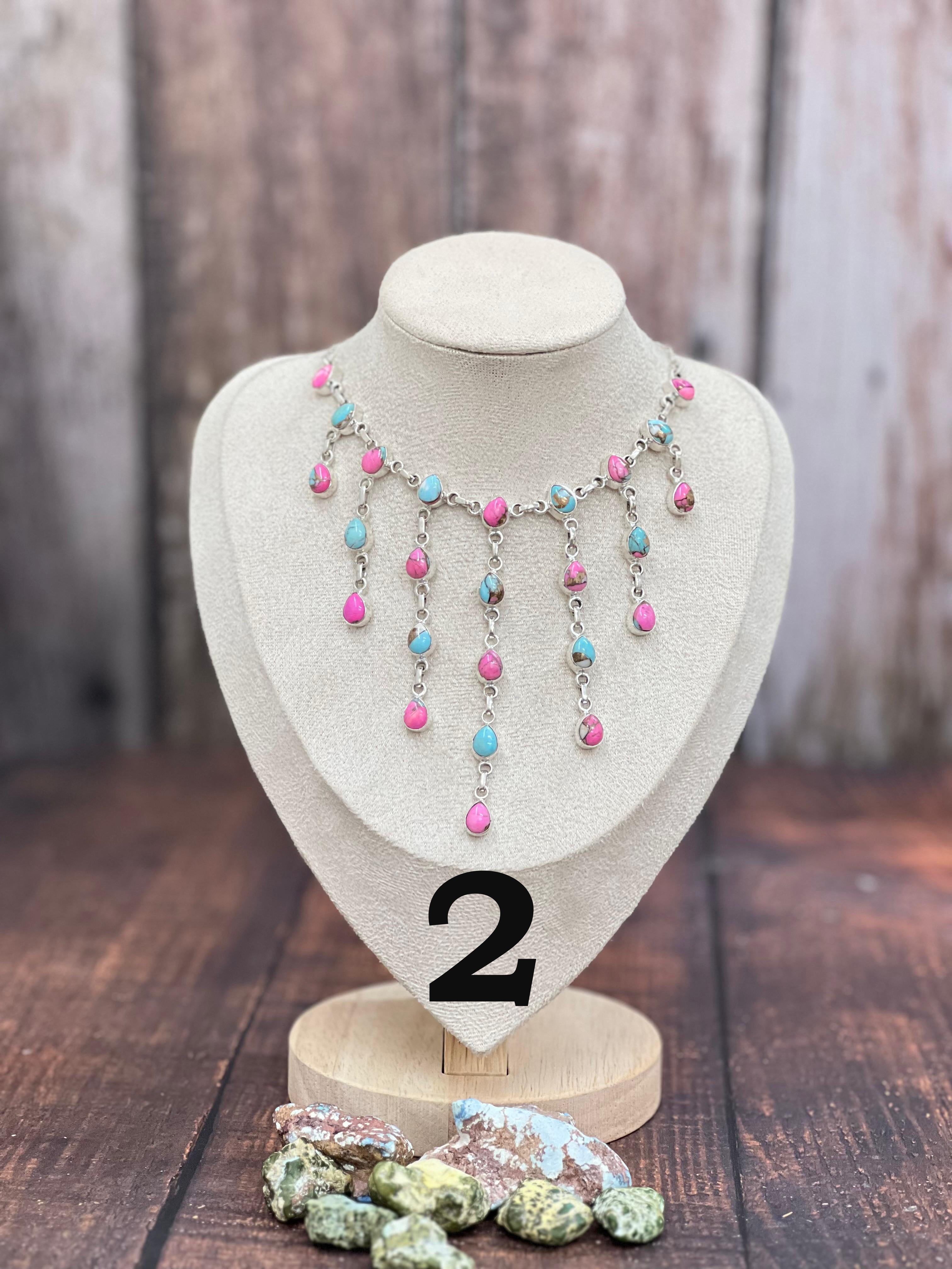 Handmade Sterling Silver Cotton Candy Drop Turquoise Necklace, Signed Nizhoni