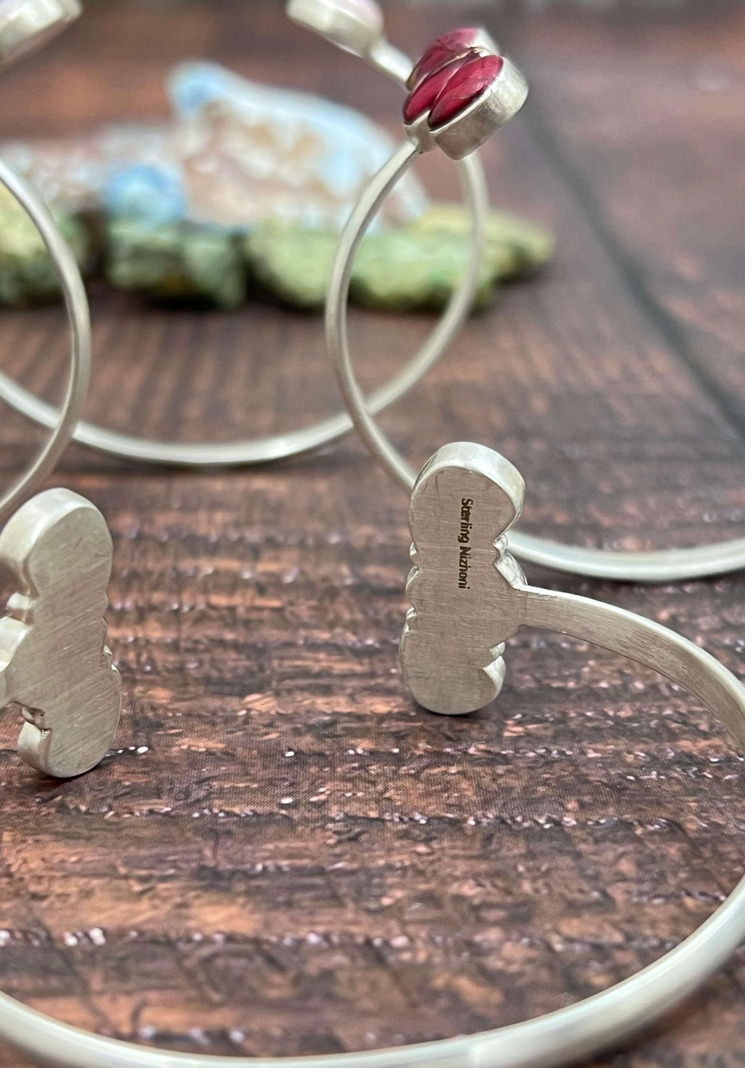 Handmade Sterling Silver Dahlia Rose, Black Onyx, Kingman Turquoise, Pink Opal Bracelet with Signed Nizhoni