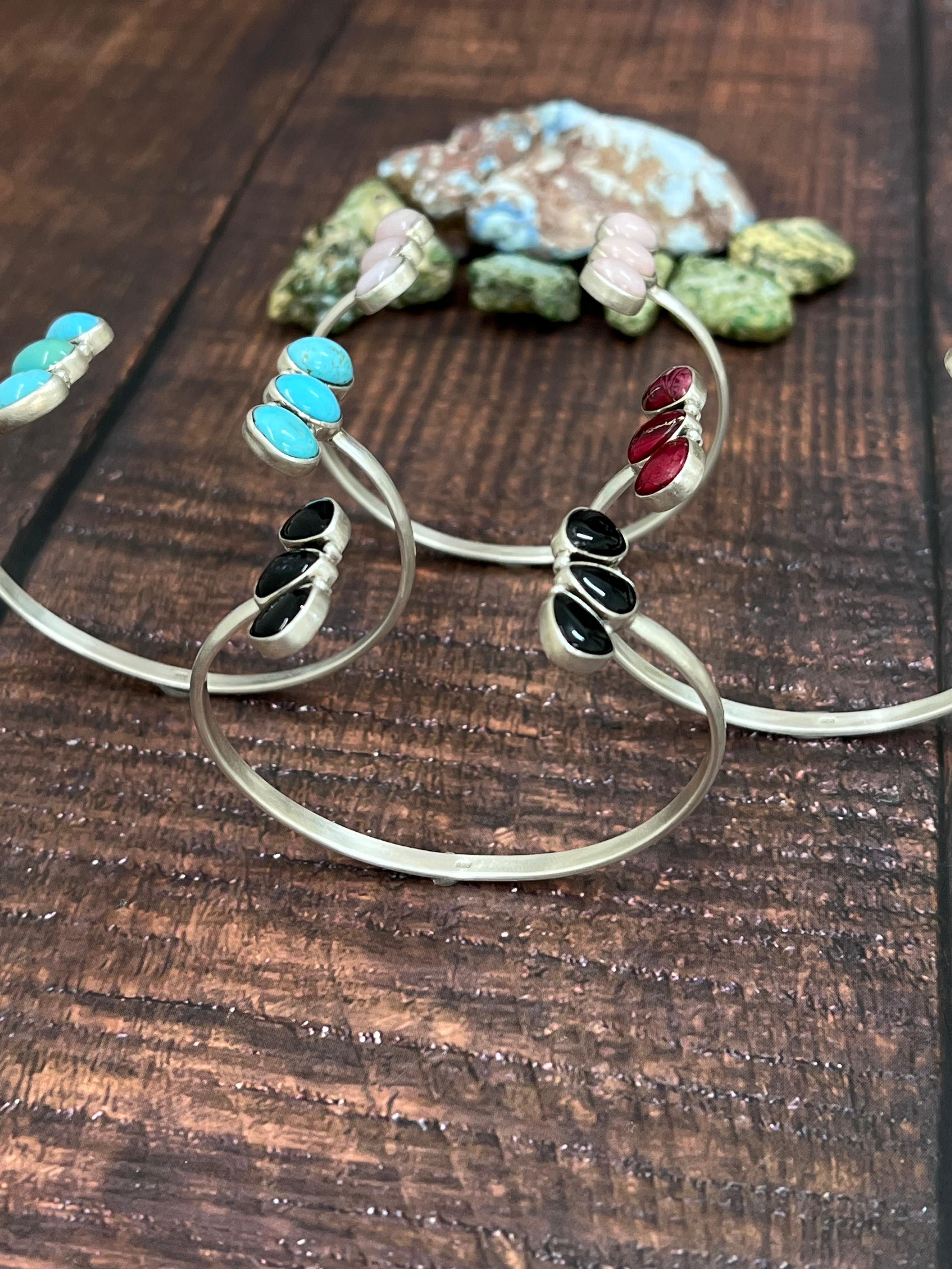 Handmade Sterling Silver Dahlia Rose, Black Onyx, Kingman Turquoise, Pink Opal Bracelet with Signed Nizhoni