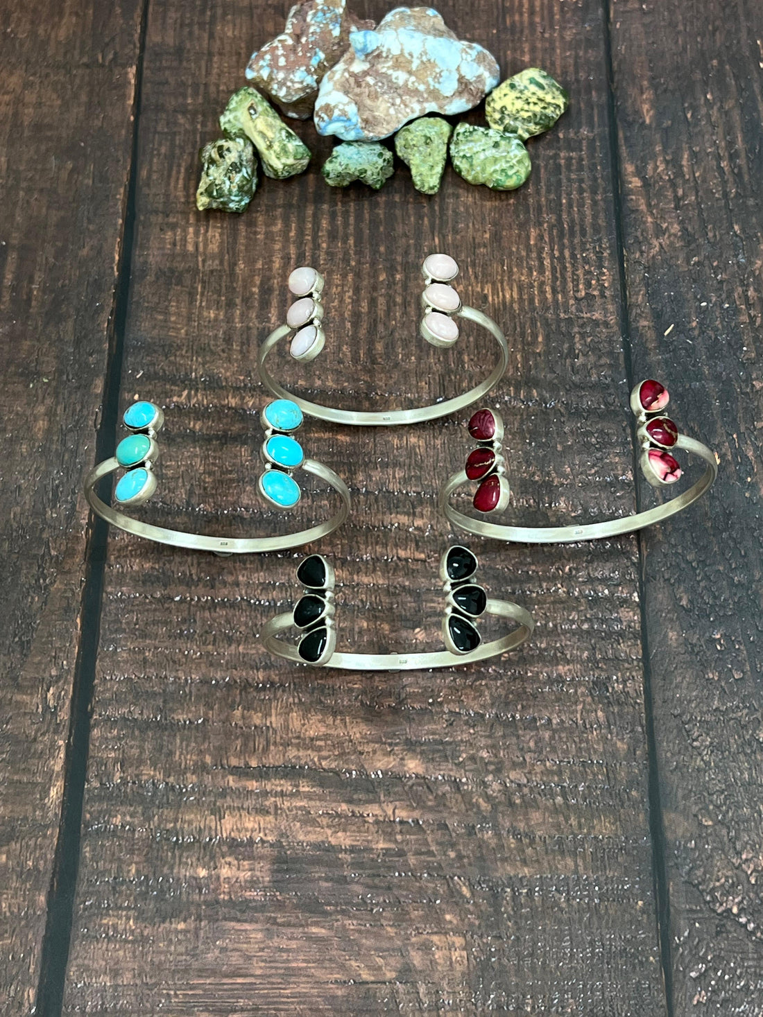 Handmade Sterling Silver Dahlia Rose, Black Onyx, Kingman Turquoise, Pink Opal Bracelet with Signed Nizhoni