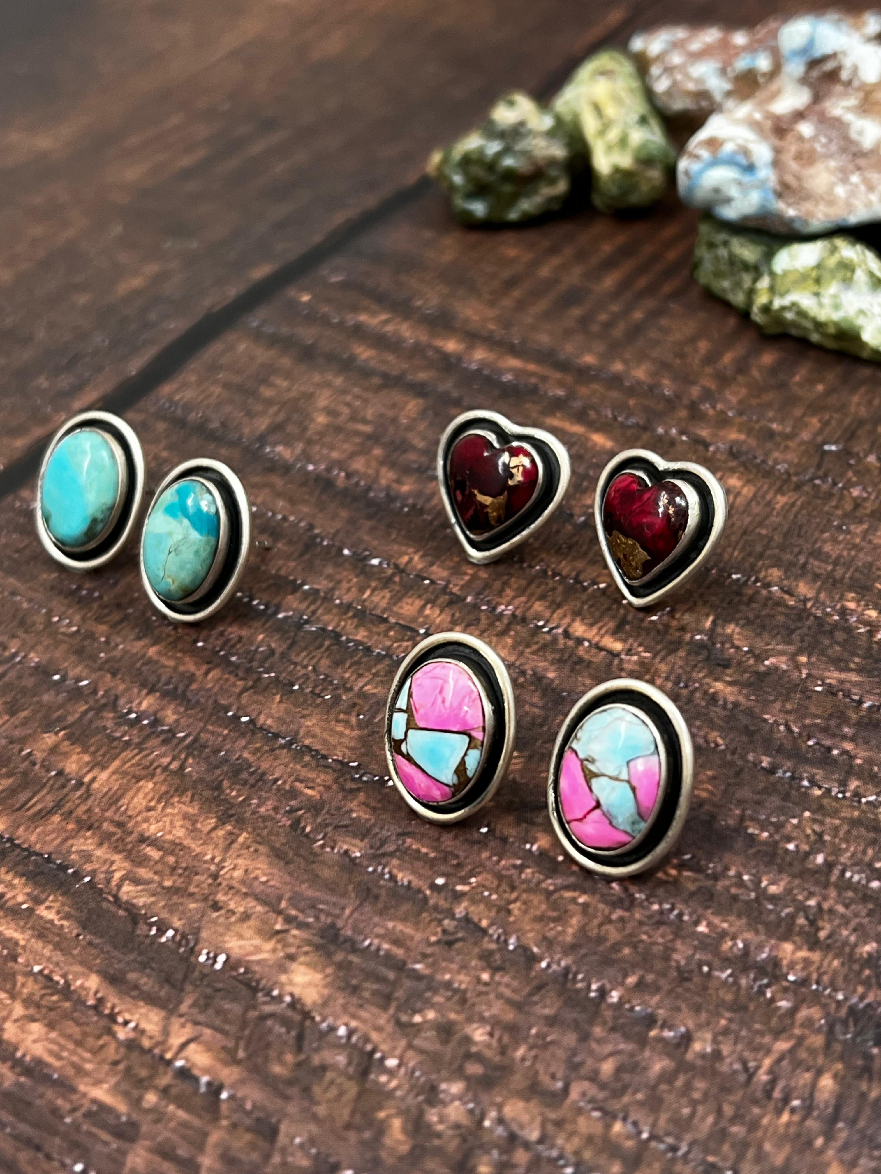 Handmade Sterling Silver Dahlia Rose, Cotton Candy, Kingman Turquoise Post Earrings with Signed Nizhoni