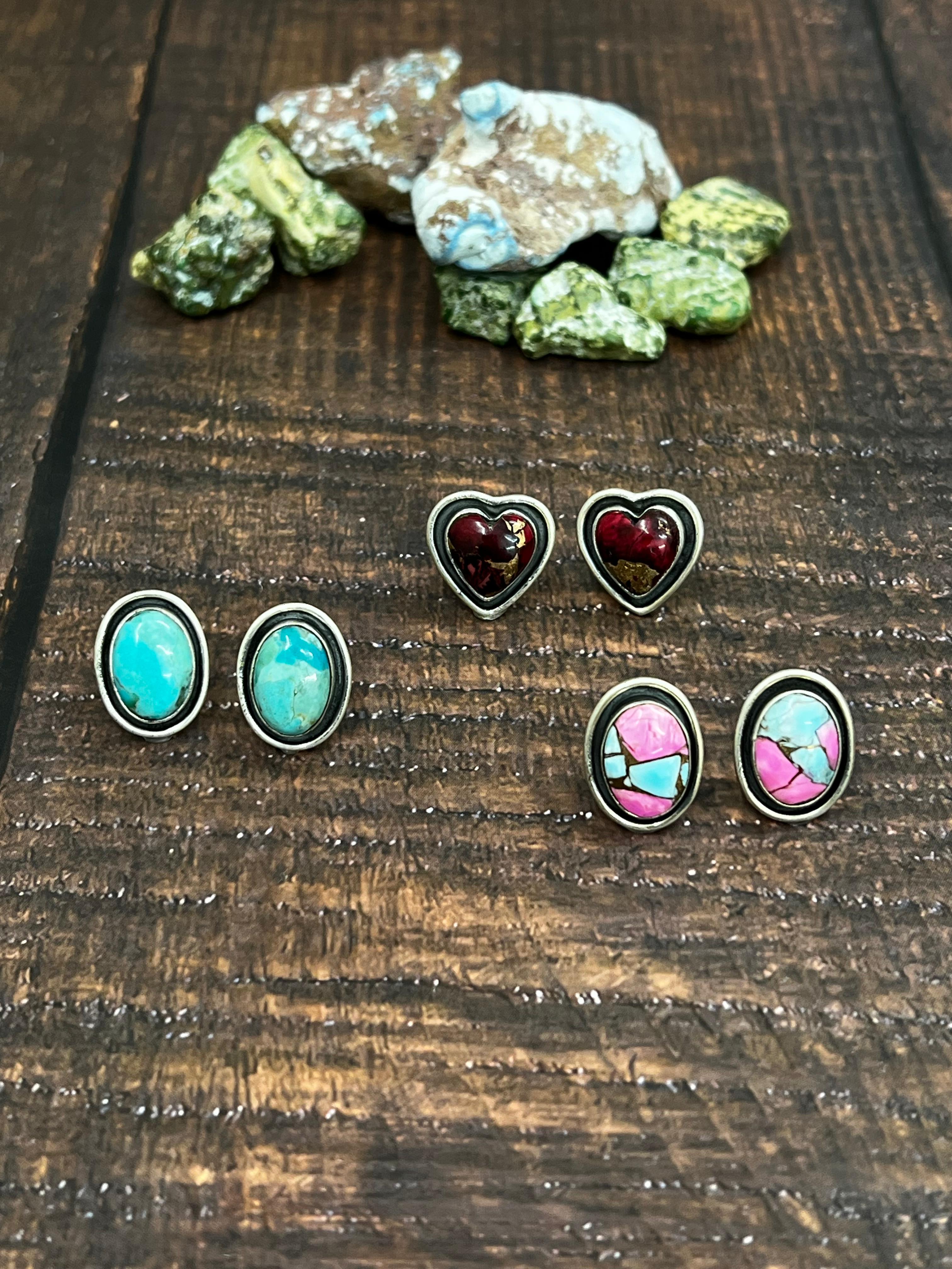 Handmade Sterling Silver Dahlia Rose, Cotton Candy, Kingman Turquoise Post Earrings with Signed Nizhoni