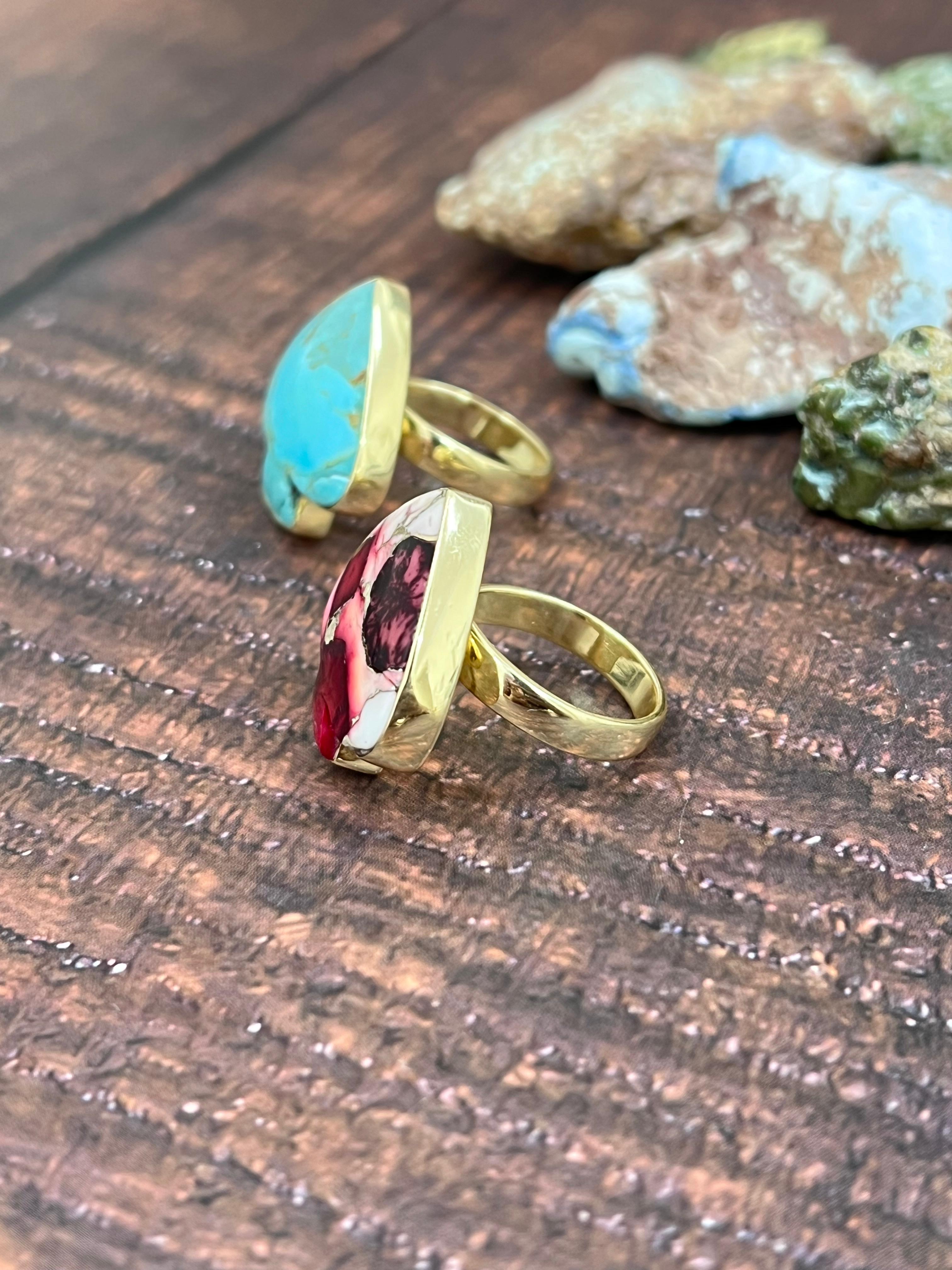 “The Golden Collection” Handmade Natural Dahlia Rose, Kingman Turquoise Adjustable Spade Ring