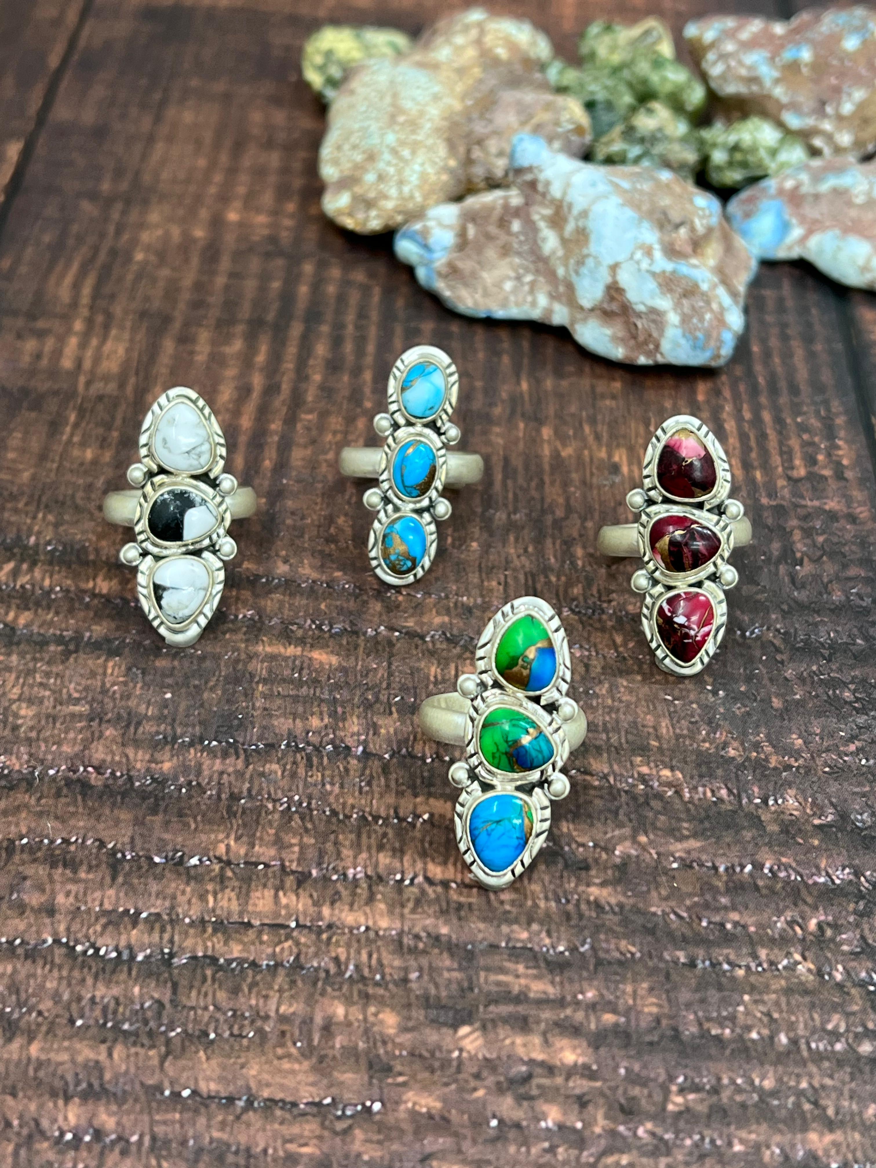 Handmade Sterling Silver Multi Stone Adjustable Ring with Signed Nizhoni