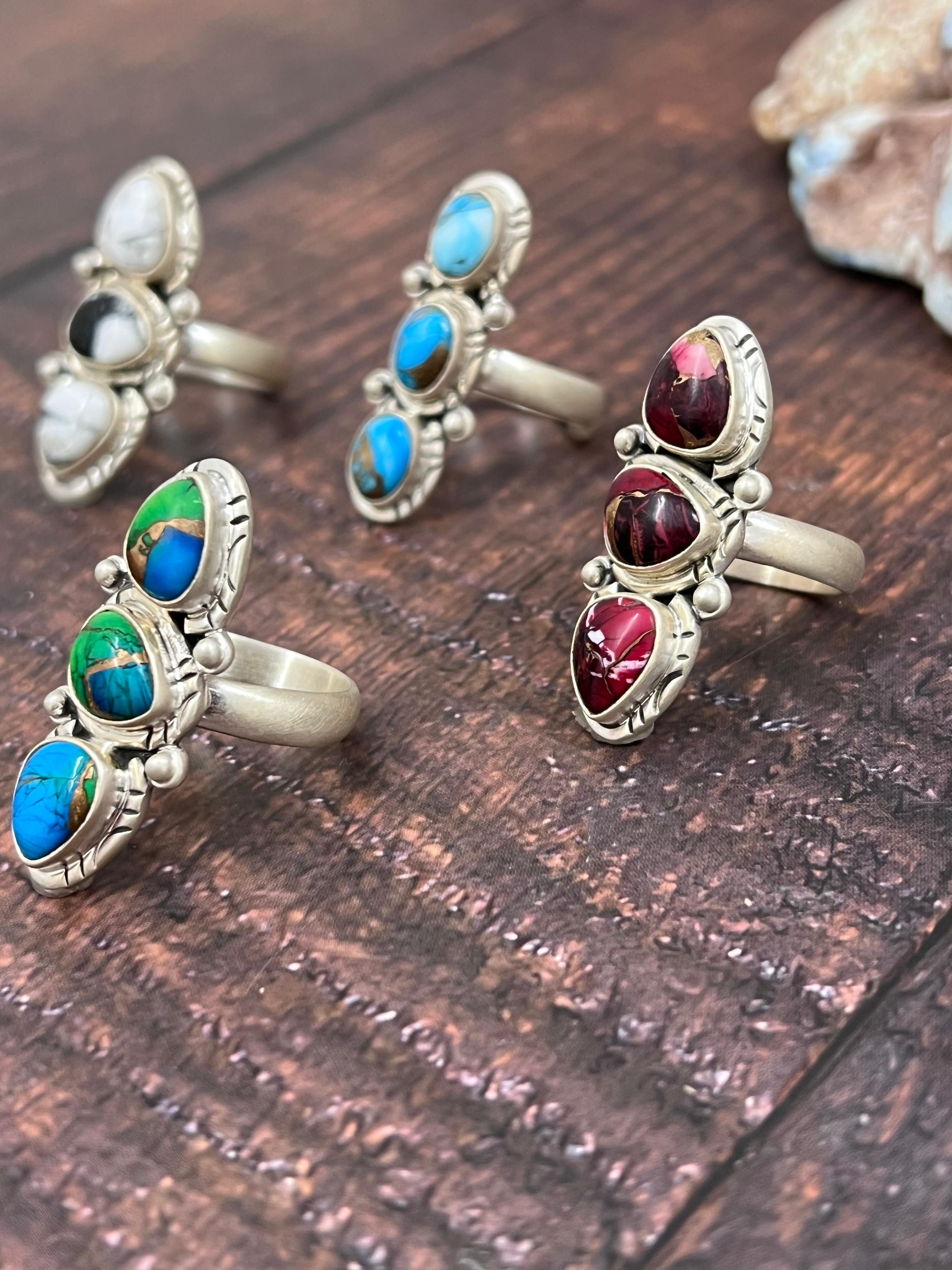 Handmade Sterling Silver Multi Stone Adjustable Ring with Signed Nizhoni