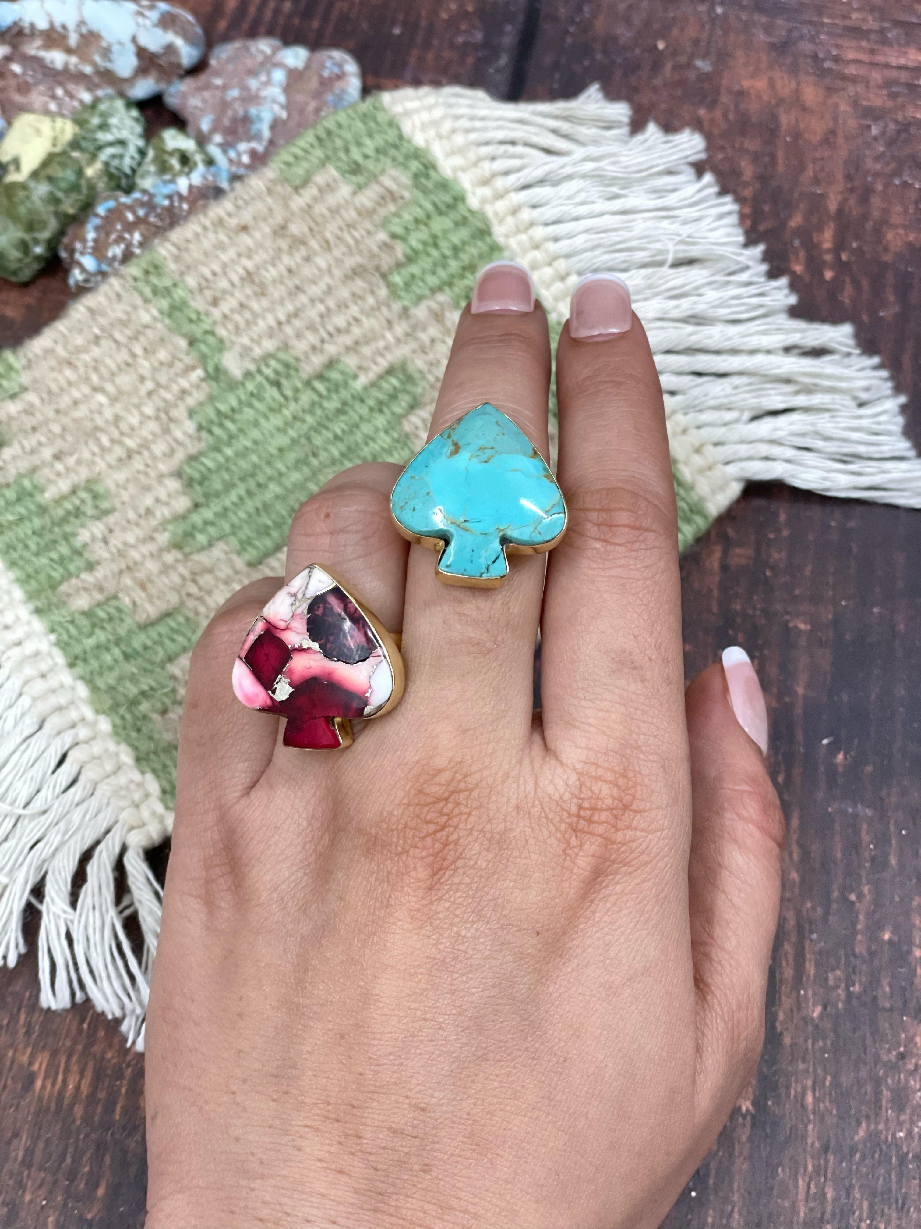 “The Golden Collection” Handmade Natural Dahlia Rose, Kingman Turquoise Adjustable Spade Ring