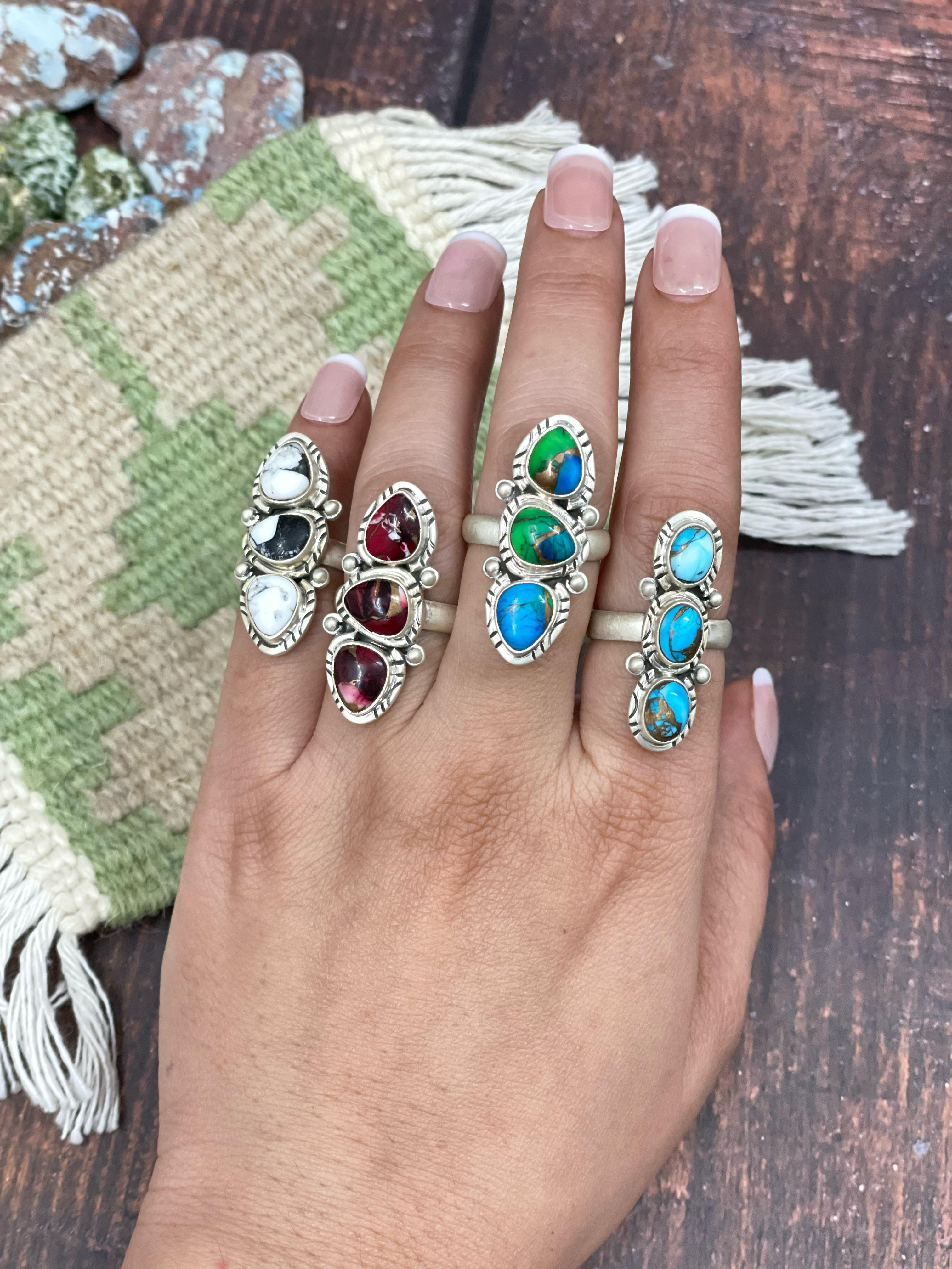 Handmade Sterling Silver Multi Stone Adjustable Ring with Signed Nizhoni