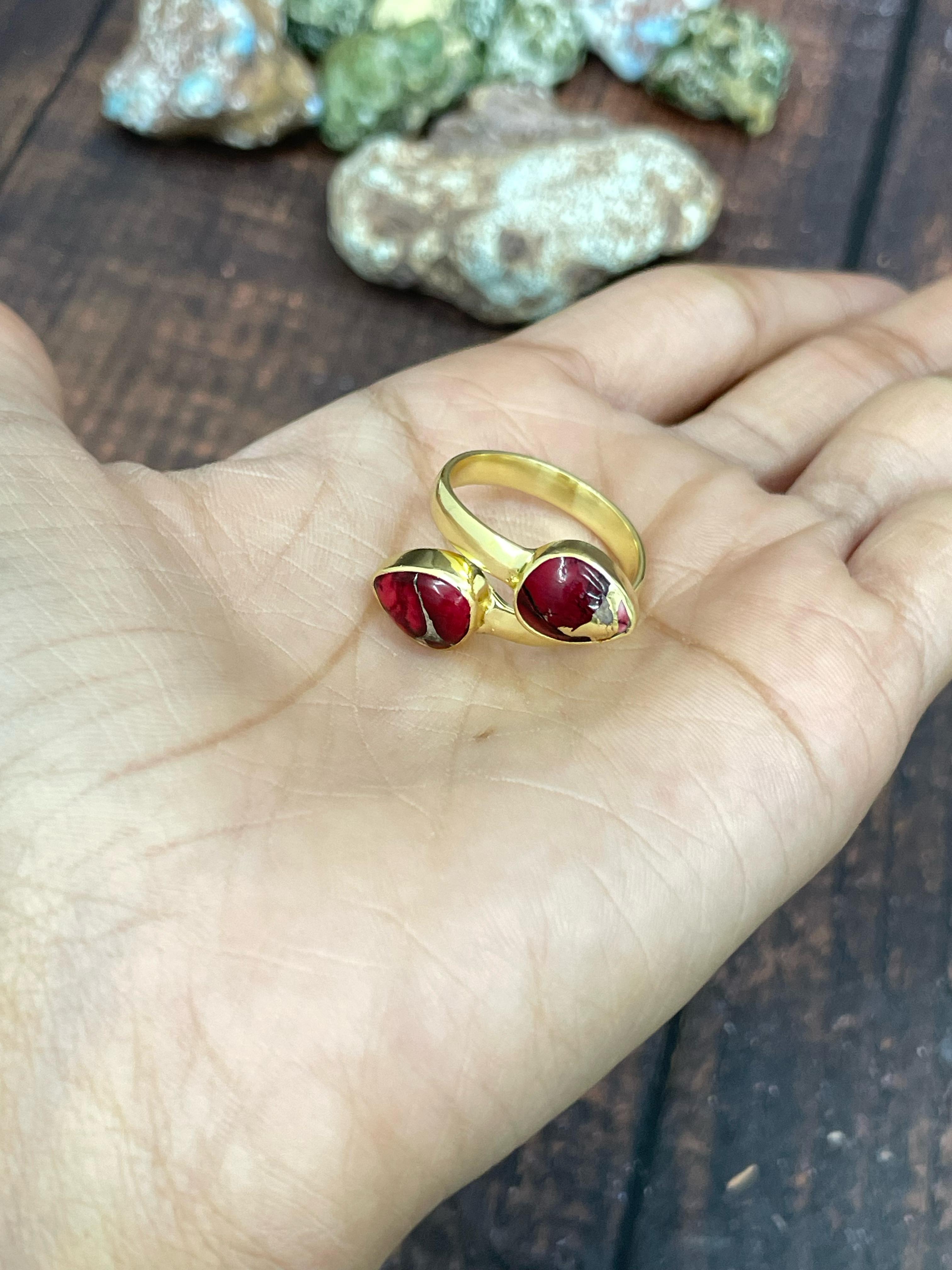 “The Golden Collection” Natural Dahlia Rose 2 Stone Adjustable Ring