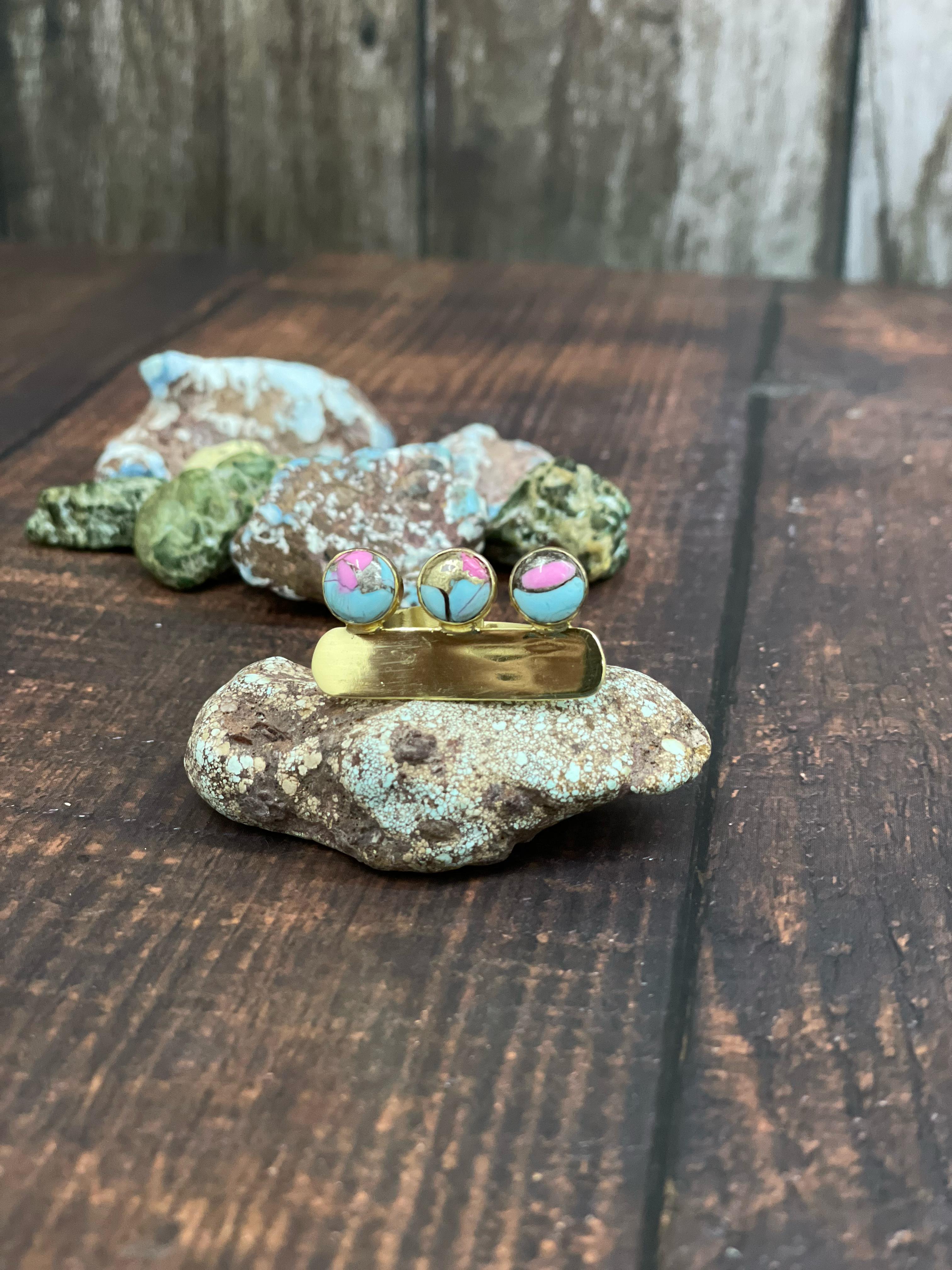 “The Golden Collection” Handmade Gold Plated Cotton Candy 3 Stone Adjustable Bar Ring