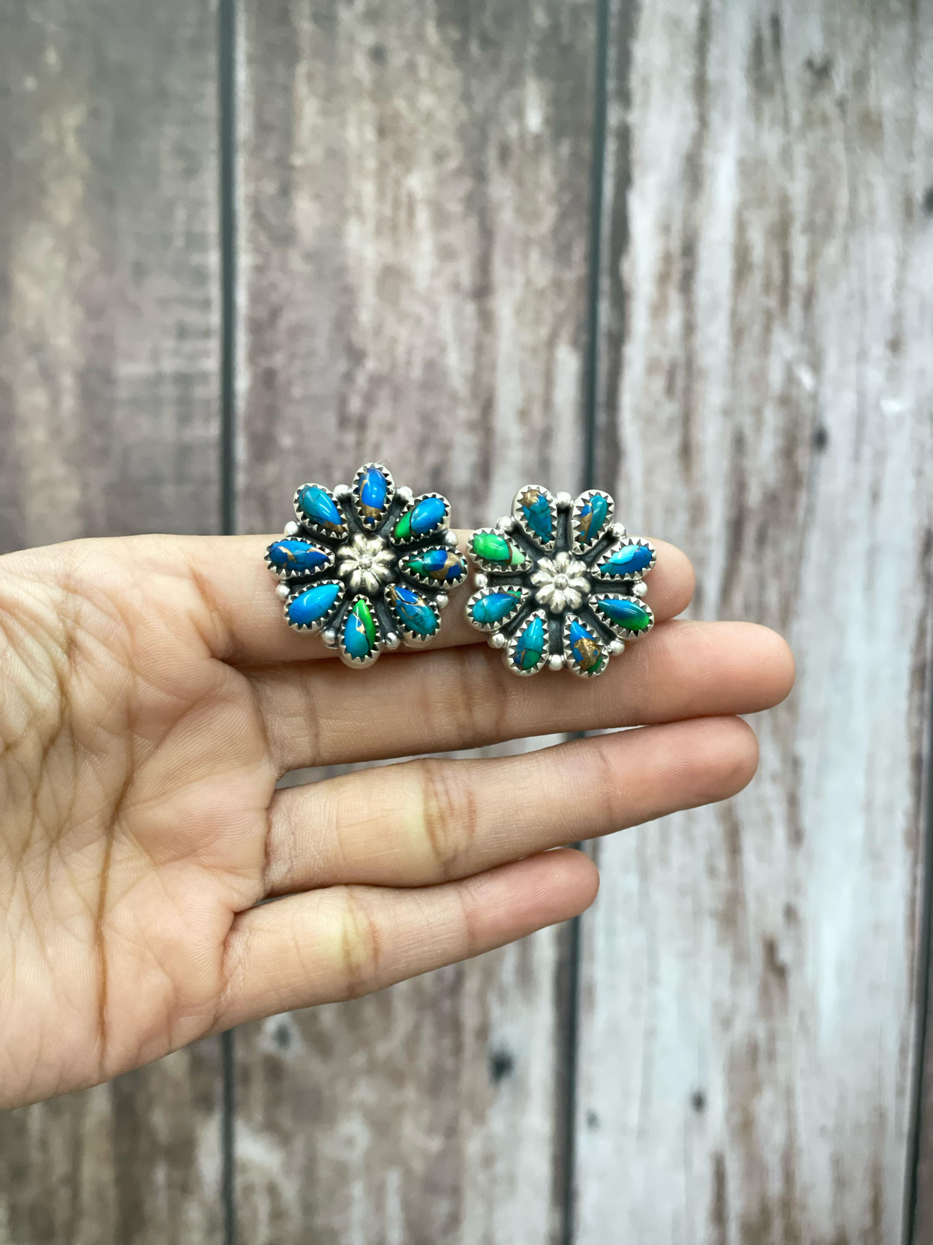 Handmade Sterling Silver White Buffalo, Honey Dahlia, Peacock Dahlia Flower Earrings with Signed Nizhoni