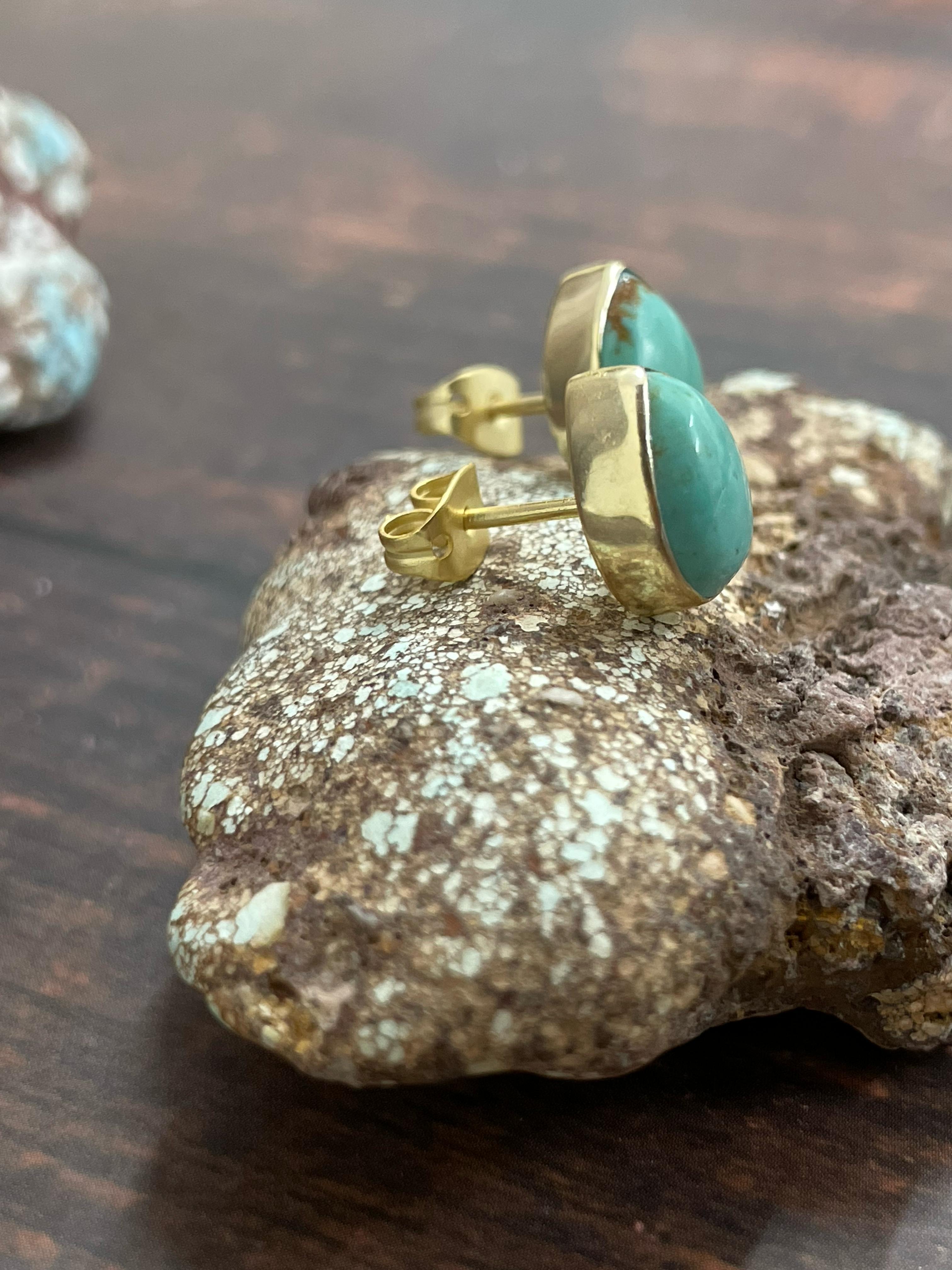 “The Golden Collection” Handmade Natural Kingman Turquoise Teardrop Stud Earrings