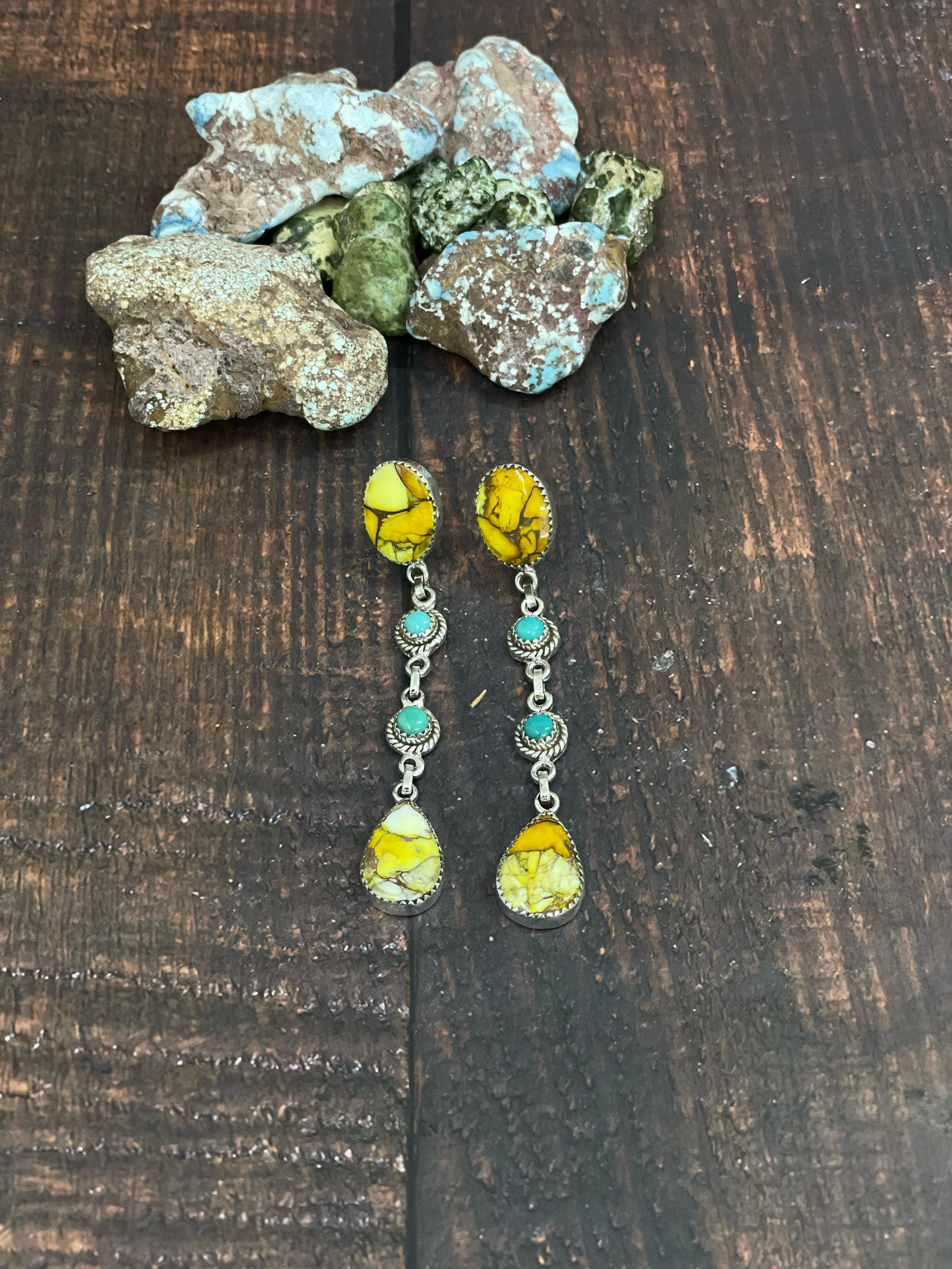 Handmade Sterling Silver Honey Dahlia with Turquoise Dangle Earrings, Signed Nizhoni