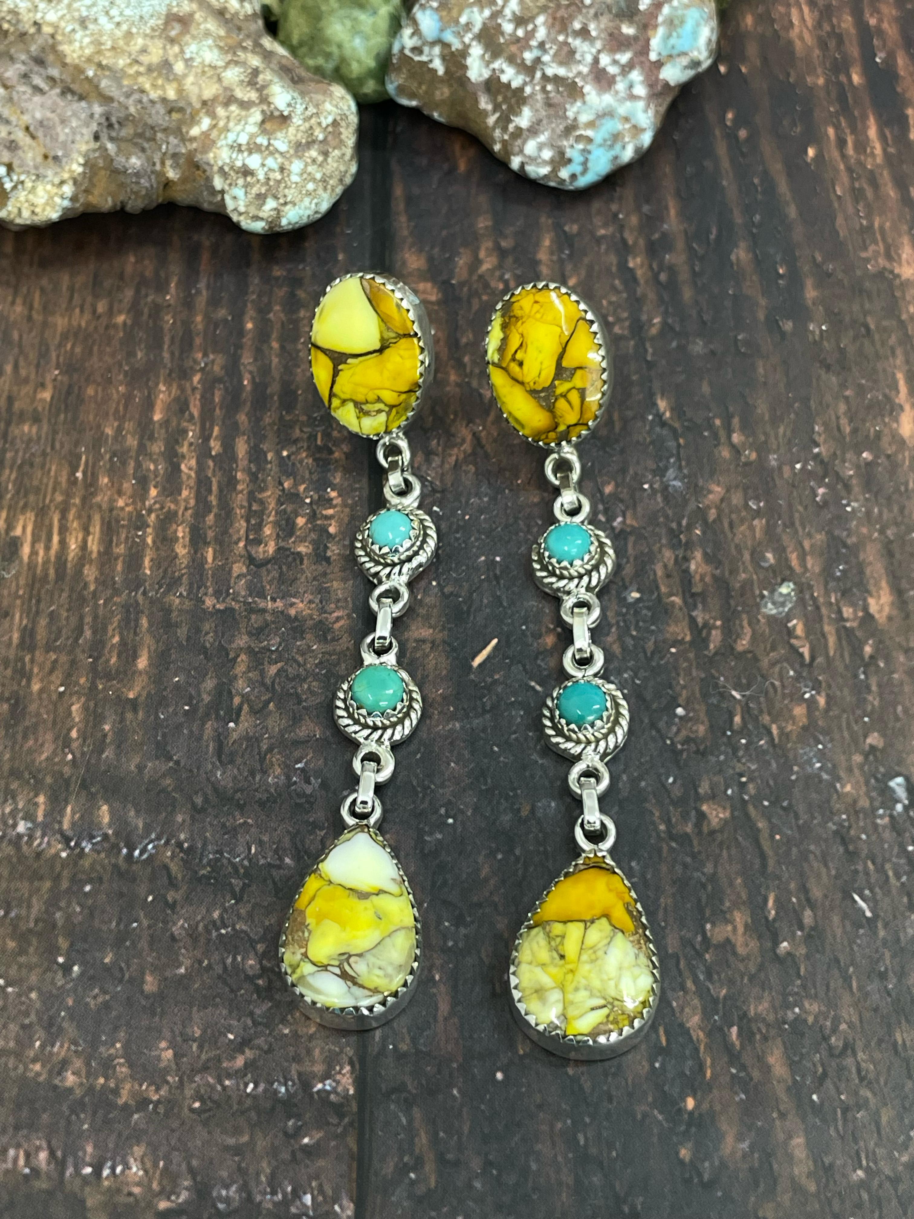 Handmade Sterling Silver Honey Dahlia with Turquoise Dangle Earrings, Signed Nizhoni