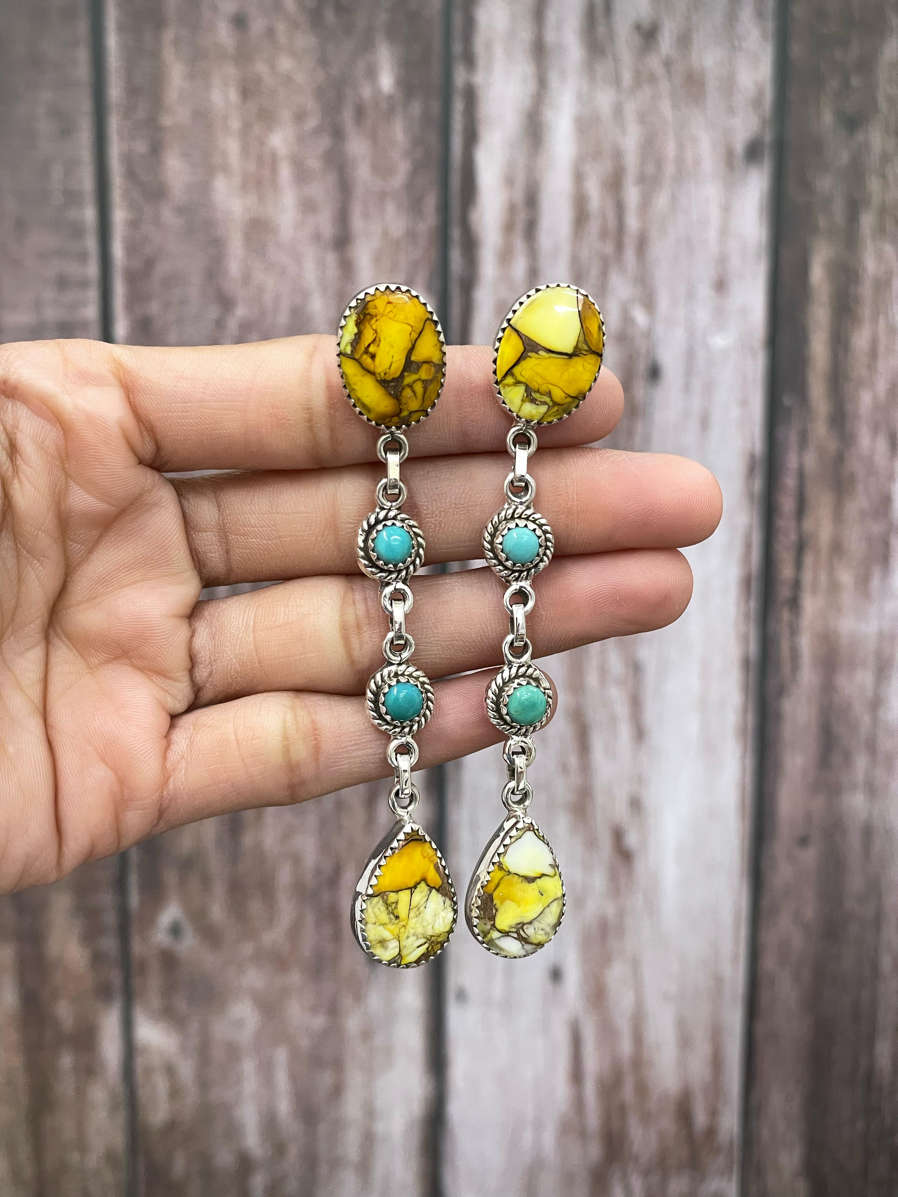 Handmade Sterling Silver Honey Dahlia with Turquoise Dangle Earrings, Signed Nizhoni