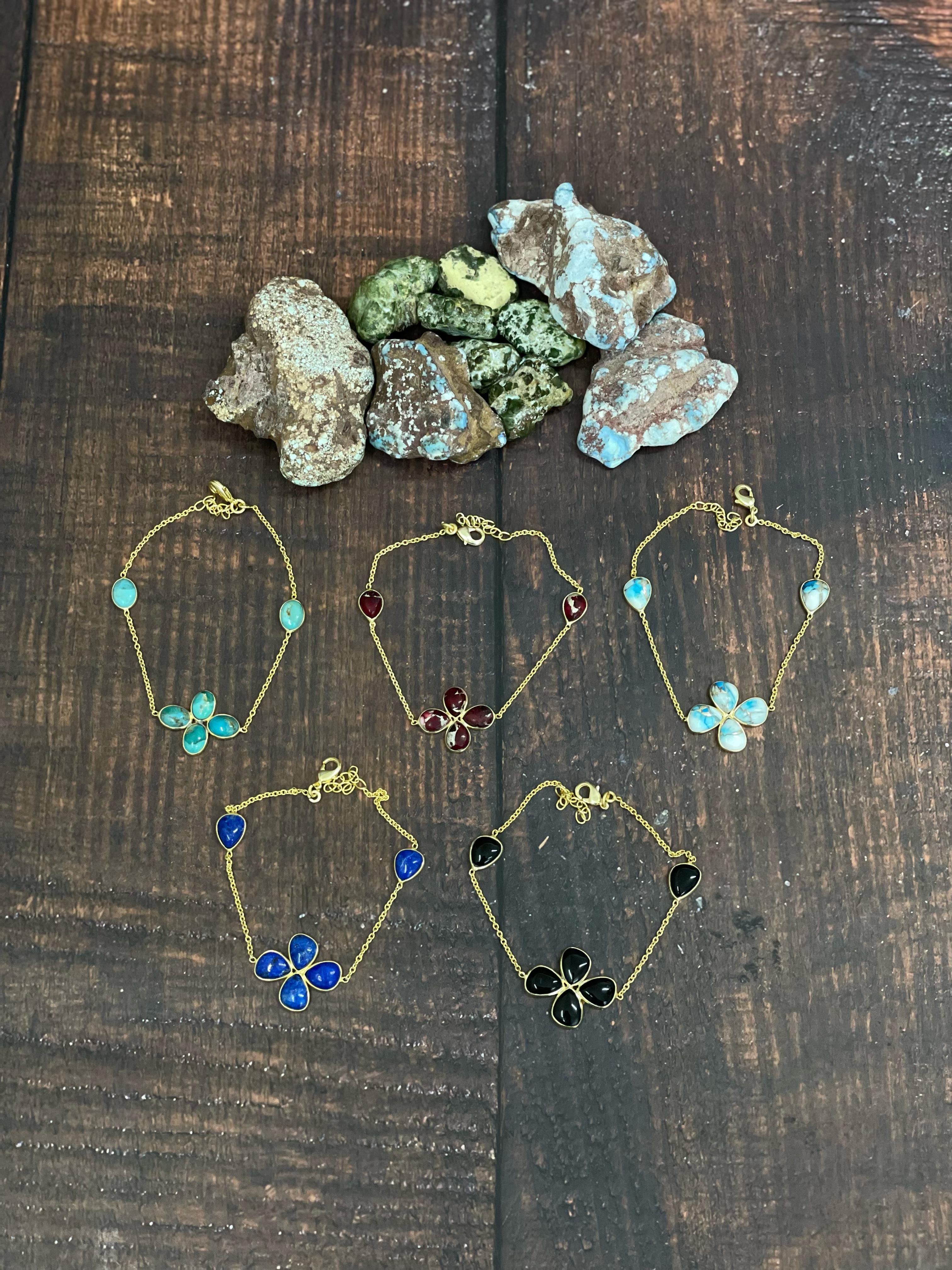 “The Golden Collection” The Lucky One Handmade Natural Gold Plated Multi Stones Chain Bracelet