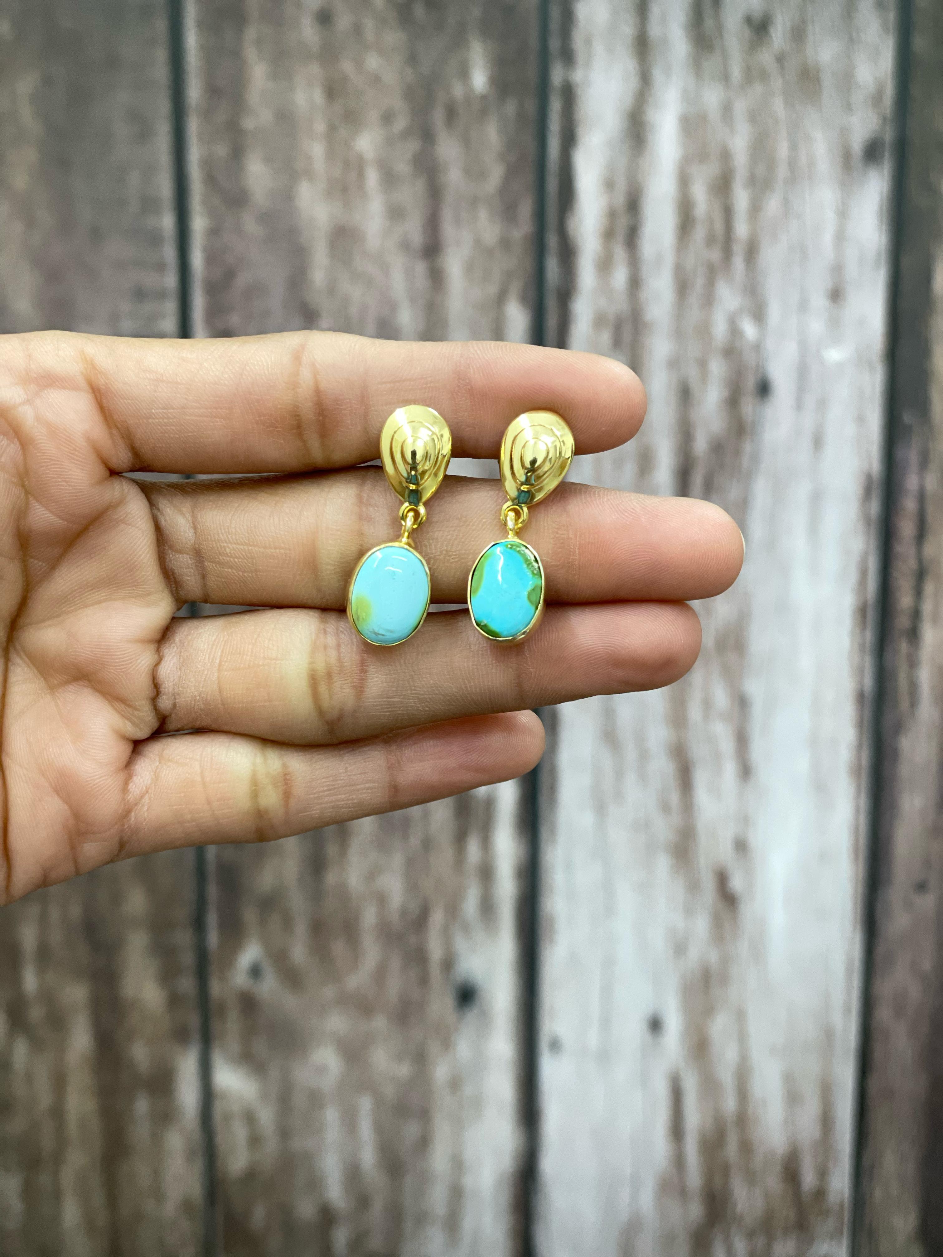 “The Golden Collection” Handmade Natural Gold Plated Sonoran Mountain Turquoise Post Dangle Earrings