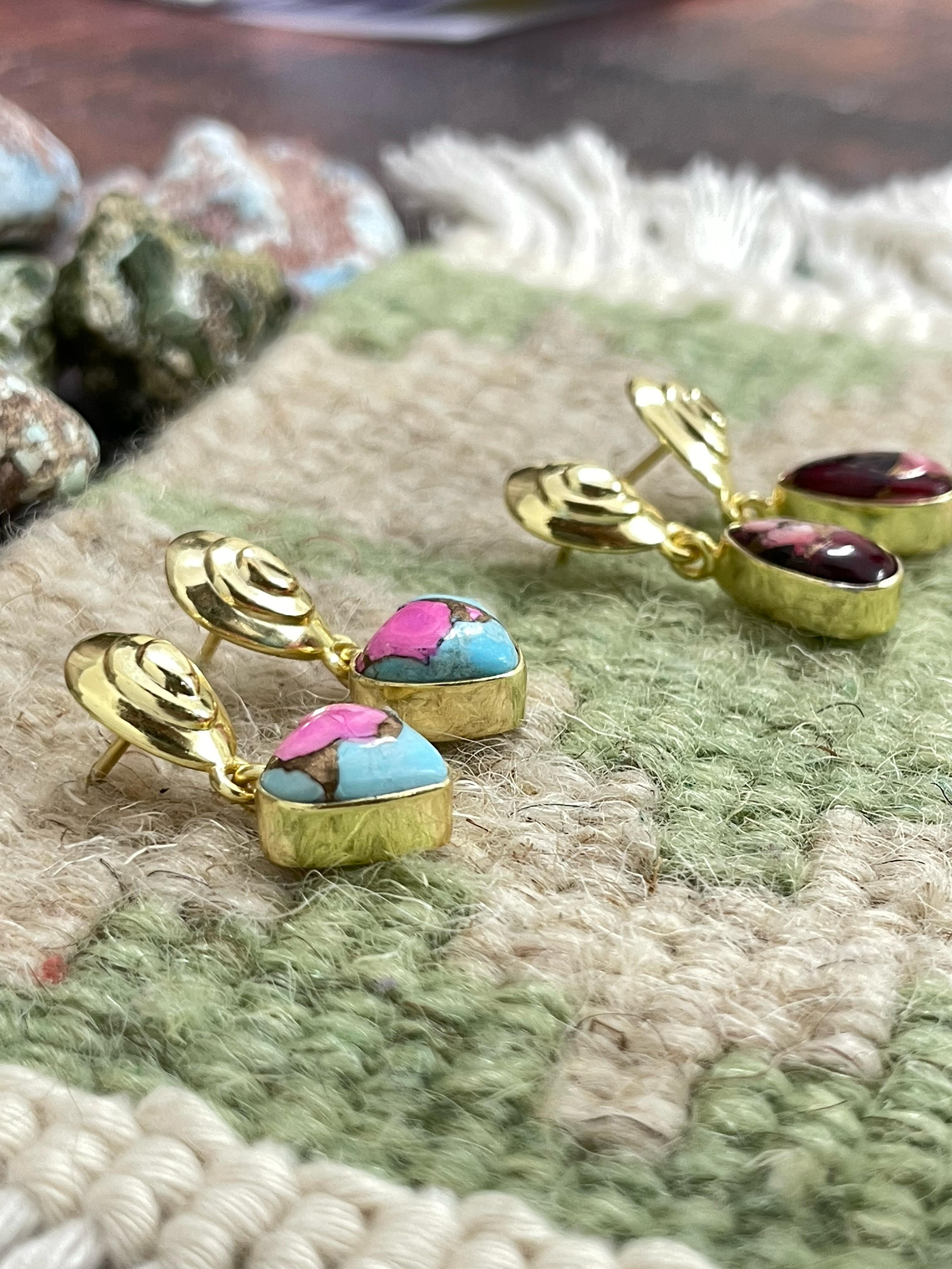 “The Golden Collection” Handmade Natural Gold Plated Dahlia Rose, Cotton Candy Turquoise Dangle Earrings style 2