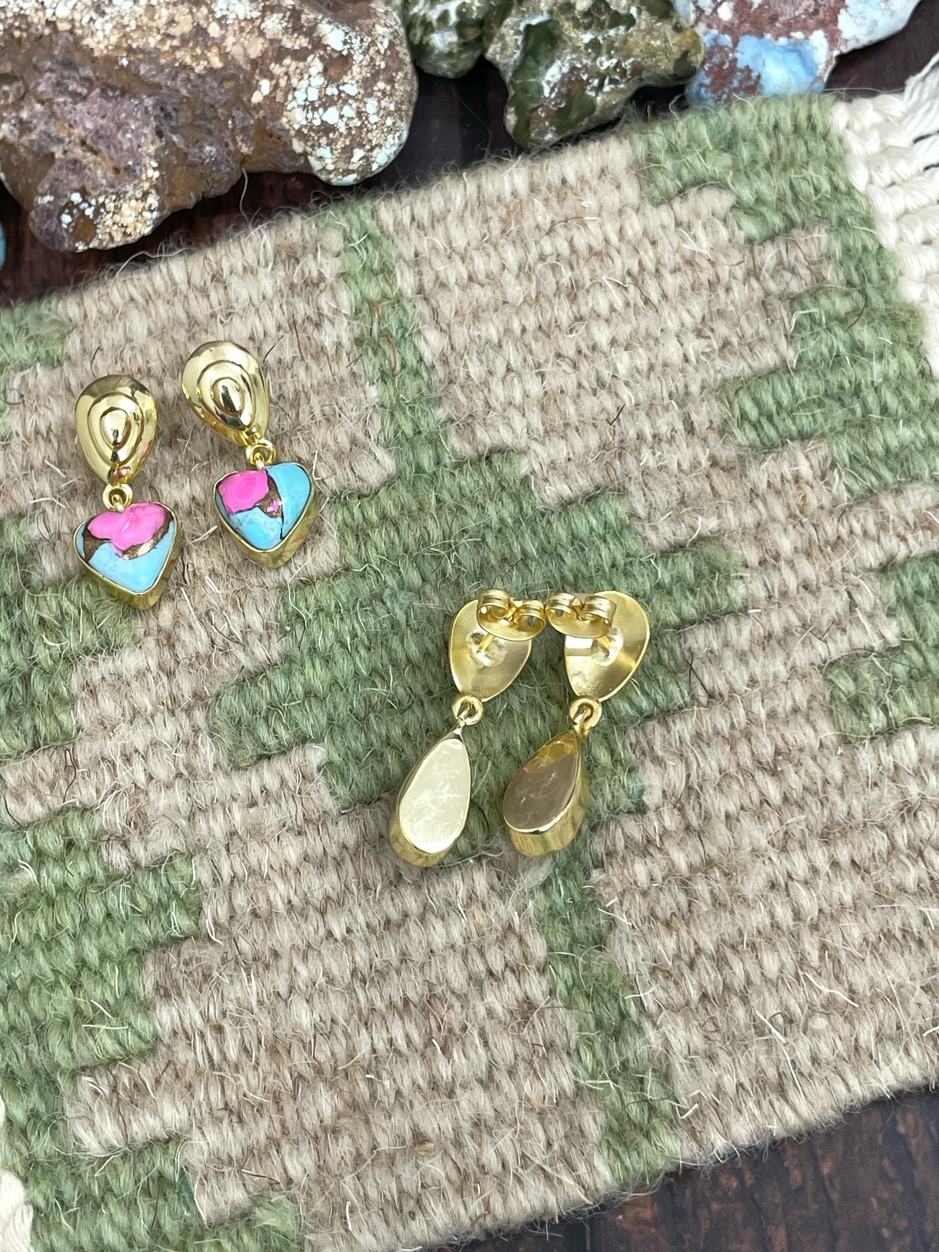 “The Golden Collection” Handmade Natural Gold Plated Dahlia Rose, Cotton Candy Turquoise Dangle Earrings style 2