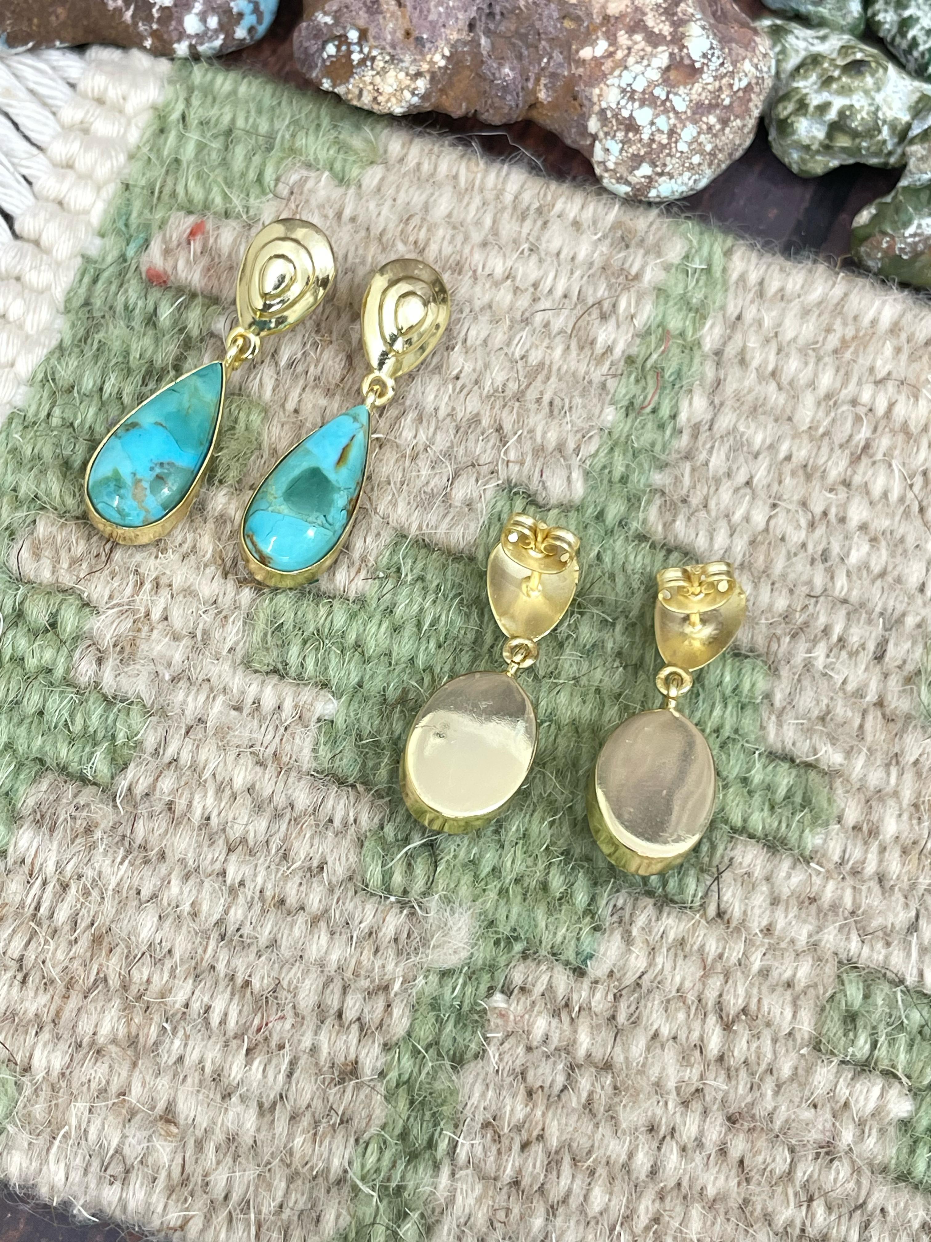 “The Golden Collection” Handmade Natural Gold Plated Dahlia Rose, Kingman Turquoise Single Stone Post Dangle Earrings