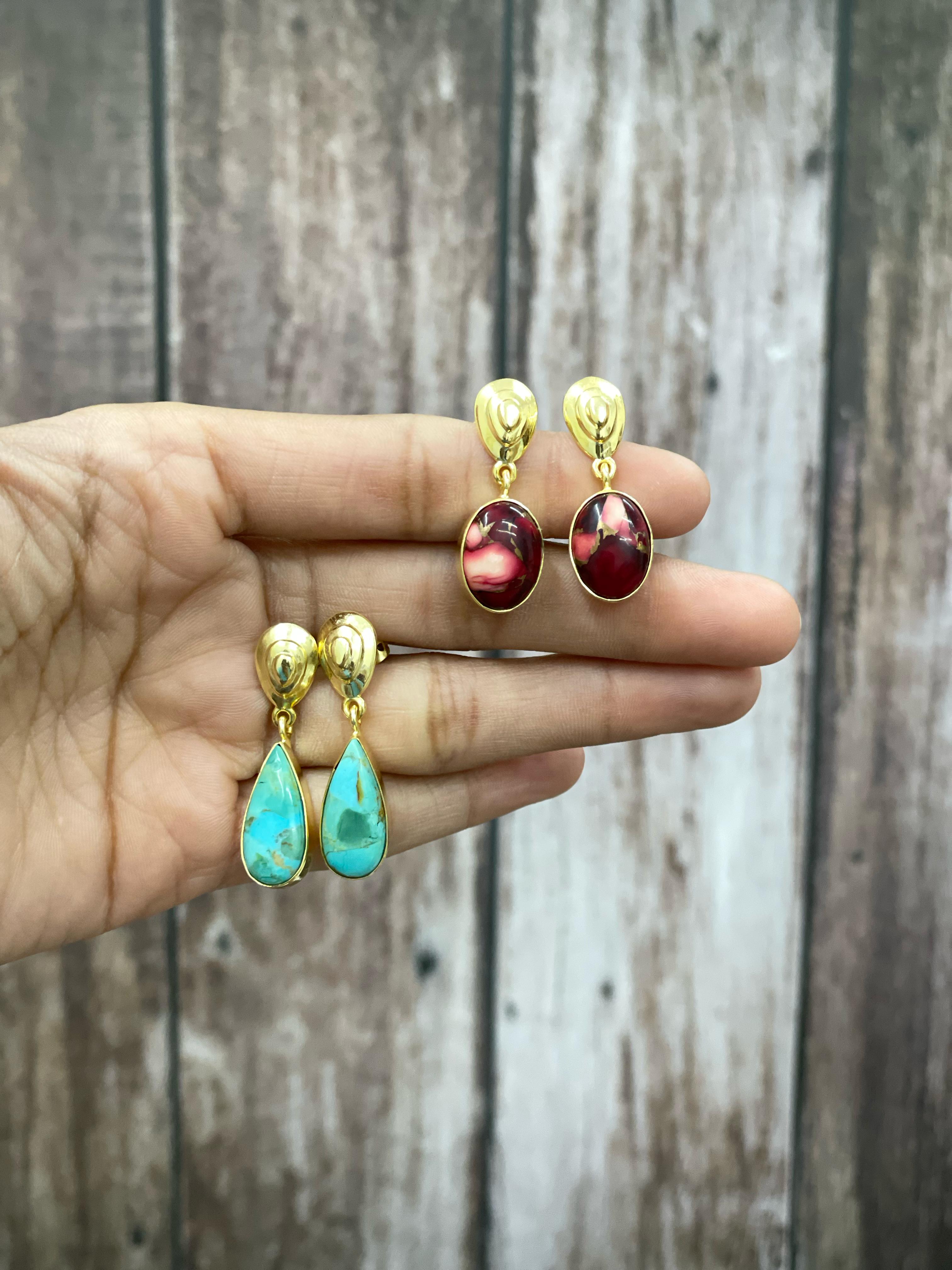 “The Golden Collection” Handmade Natural Gold Plated Dahlia Rose, Kingman Turquoise Single Stone Post Dangle Earrings
