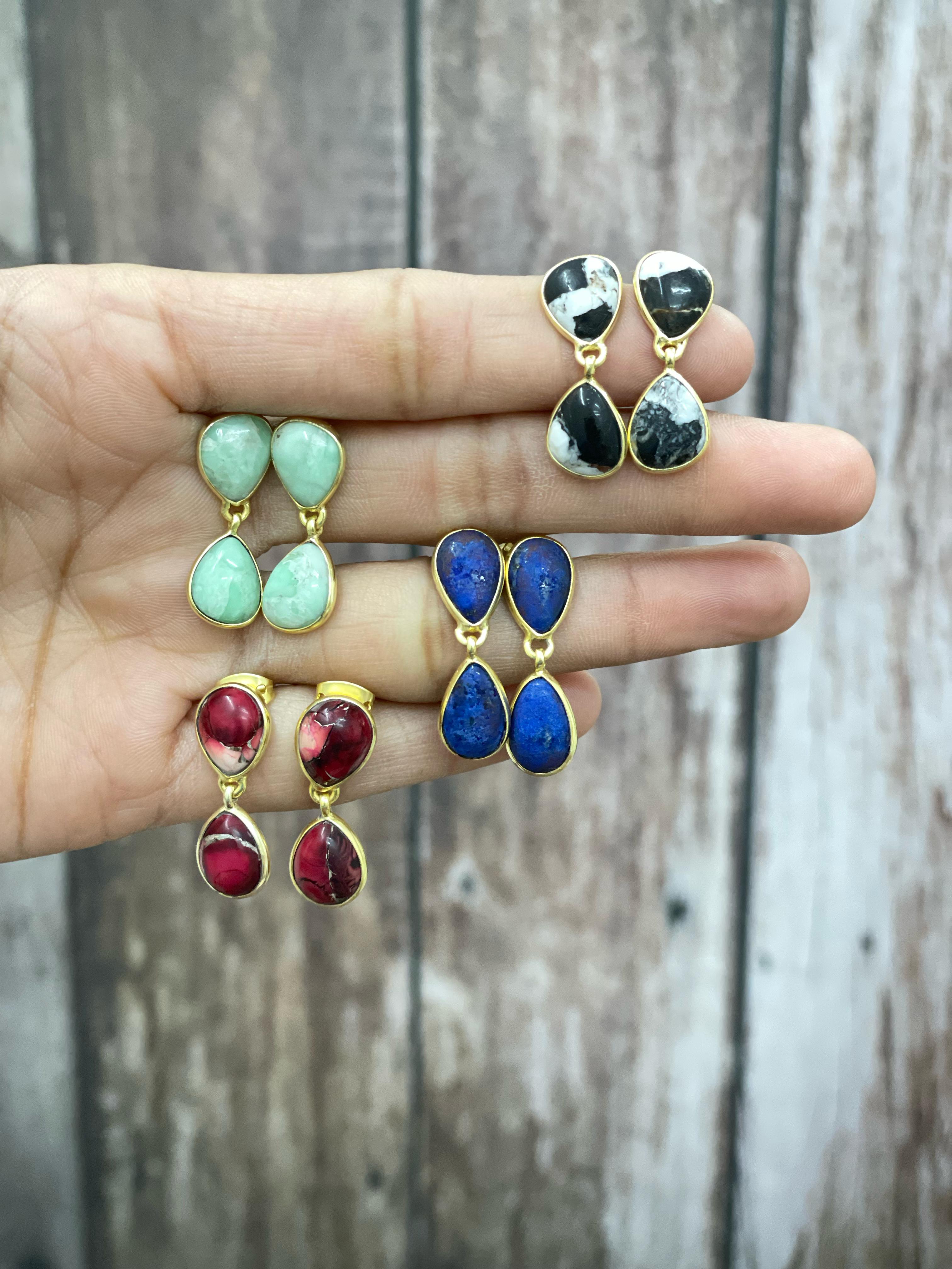 “The Golden Collection” Handmade Natural Gold Plated Multi Stone 2 Stone Dangle Earrings