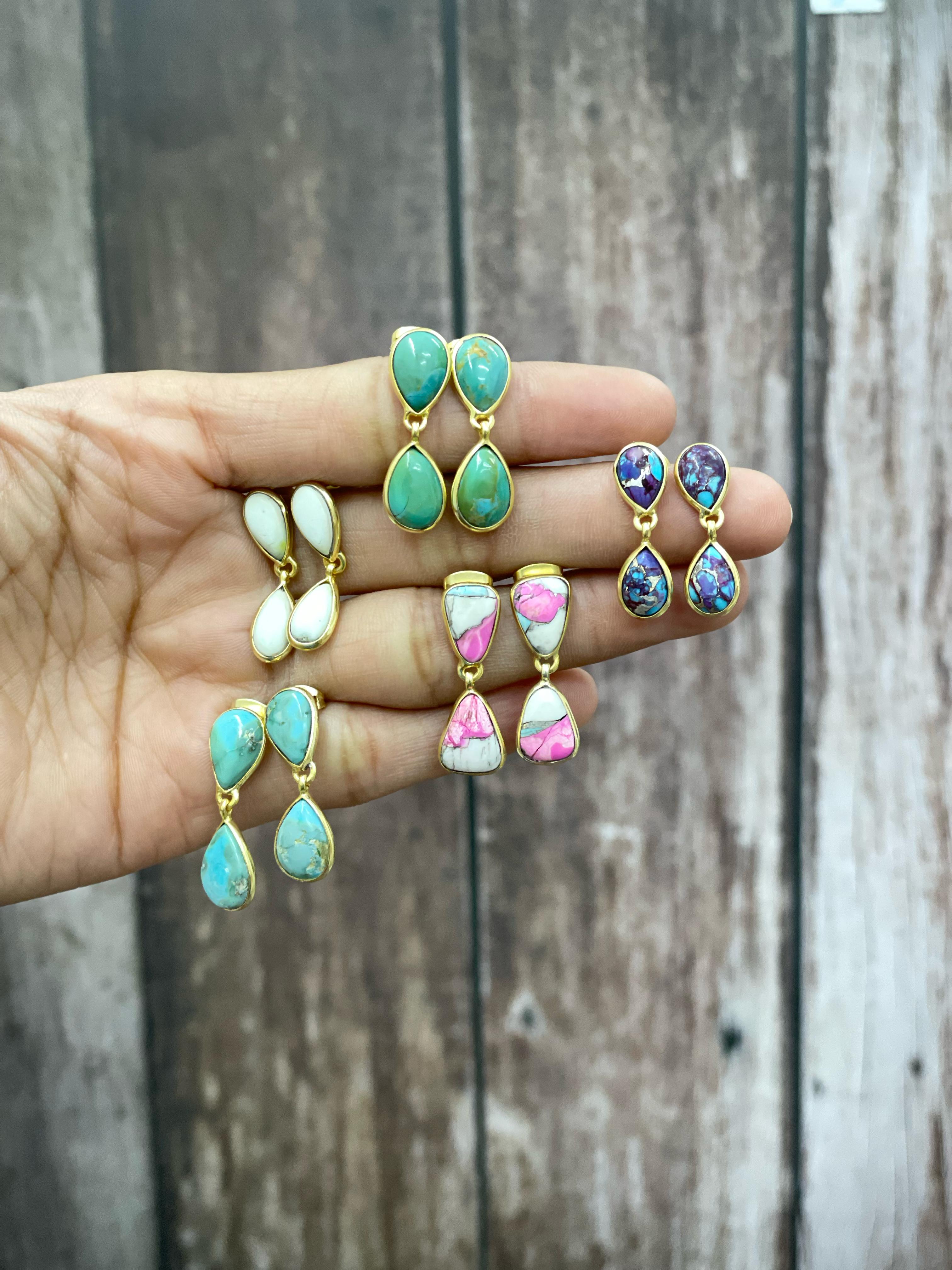 “The Golden Collection” Handmade Natural Gold Plated Multi Stone 2 Stone Dangle Earrings