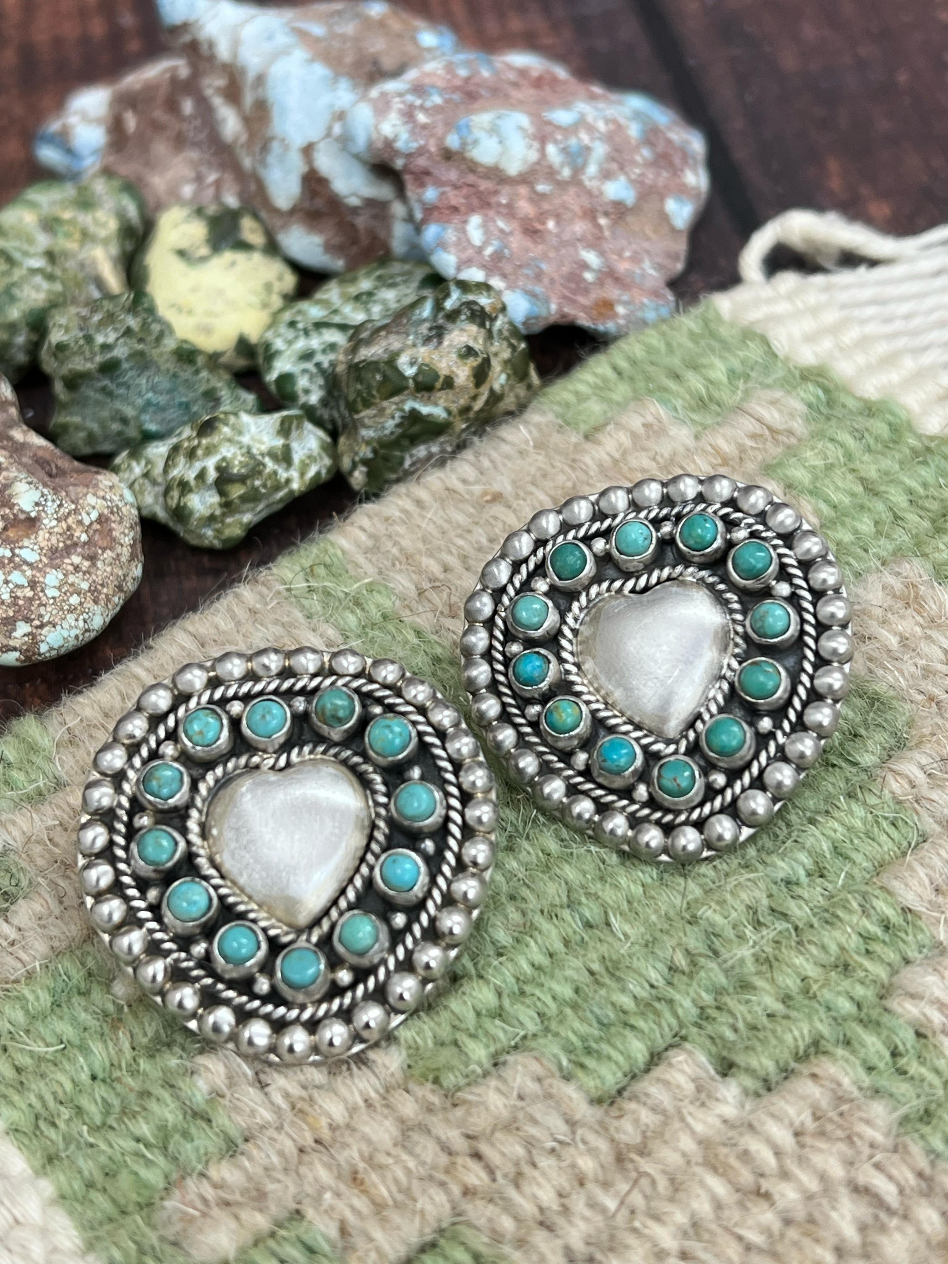 Handmade Sterling Silver Kingman Turquoise Post Earrings with Signed Nizhoni (f5)