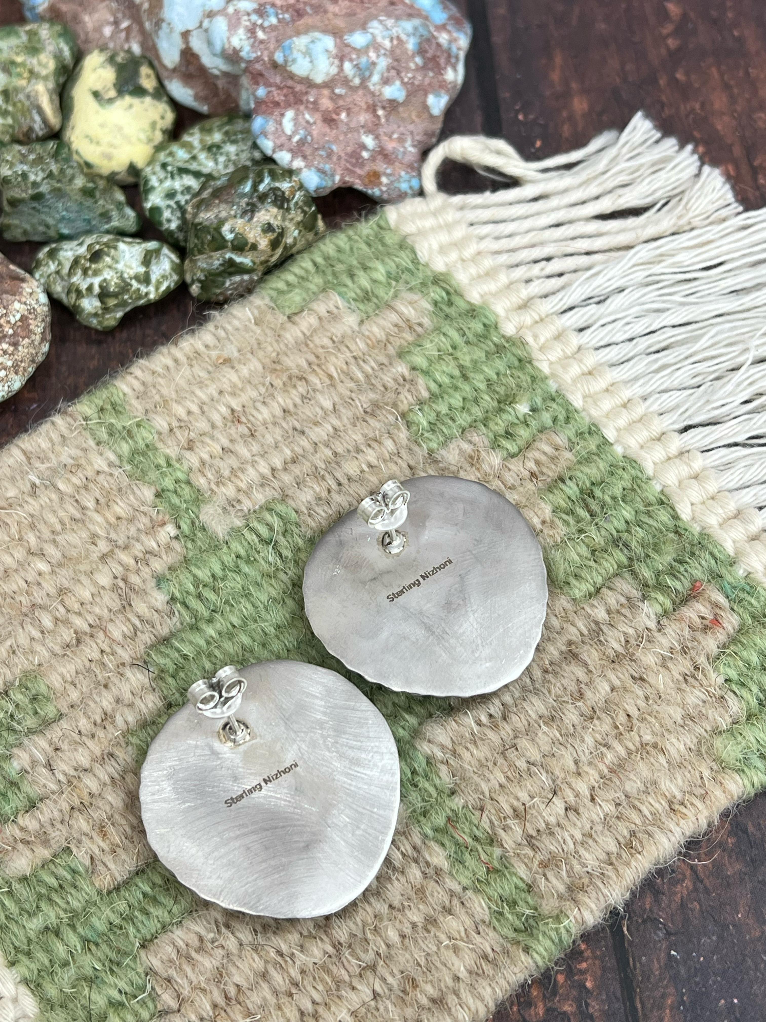 Handmade Sterling Silver Kingman Turquoise Post Earrings with Signed Nizhoni (f5)