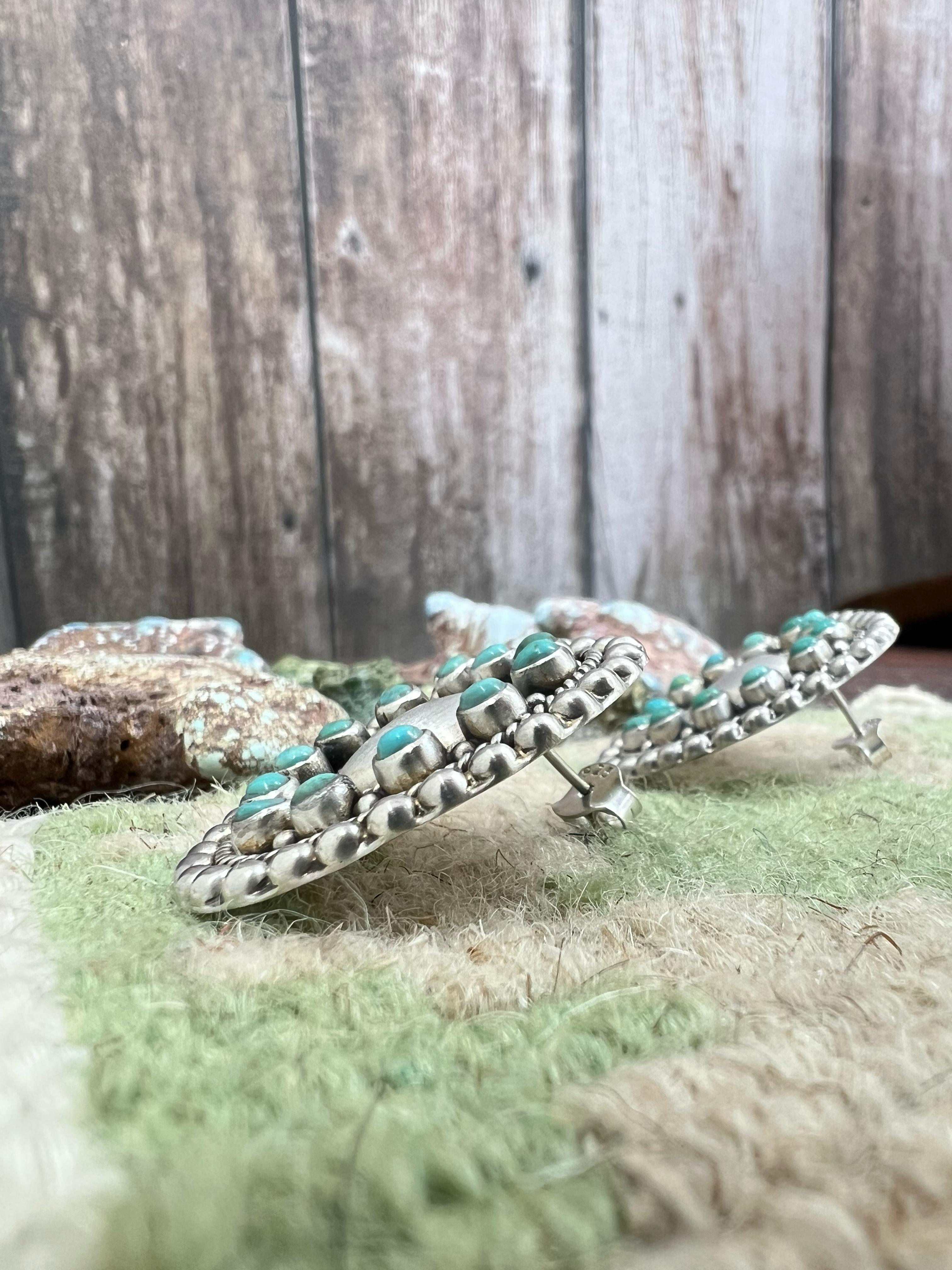 Handmade Sterling Silver Kingman Turquoise Post Earrings with Signed Nizhoni (f5)