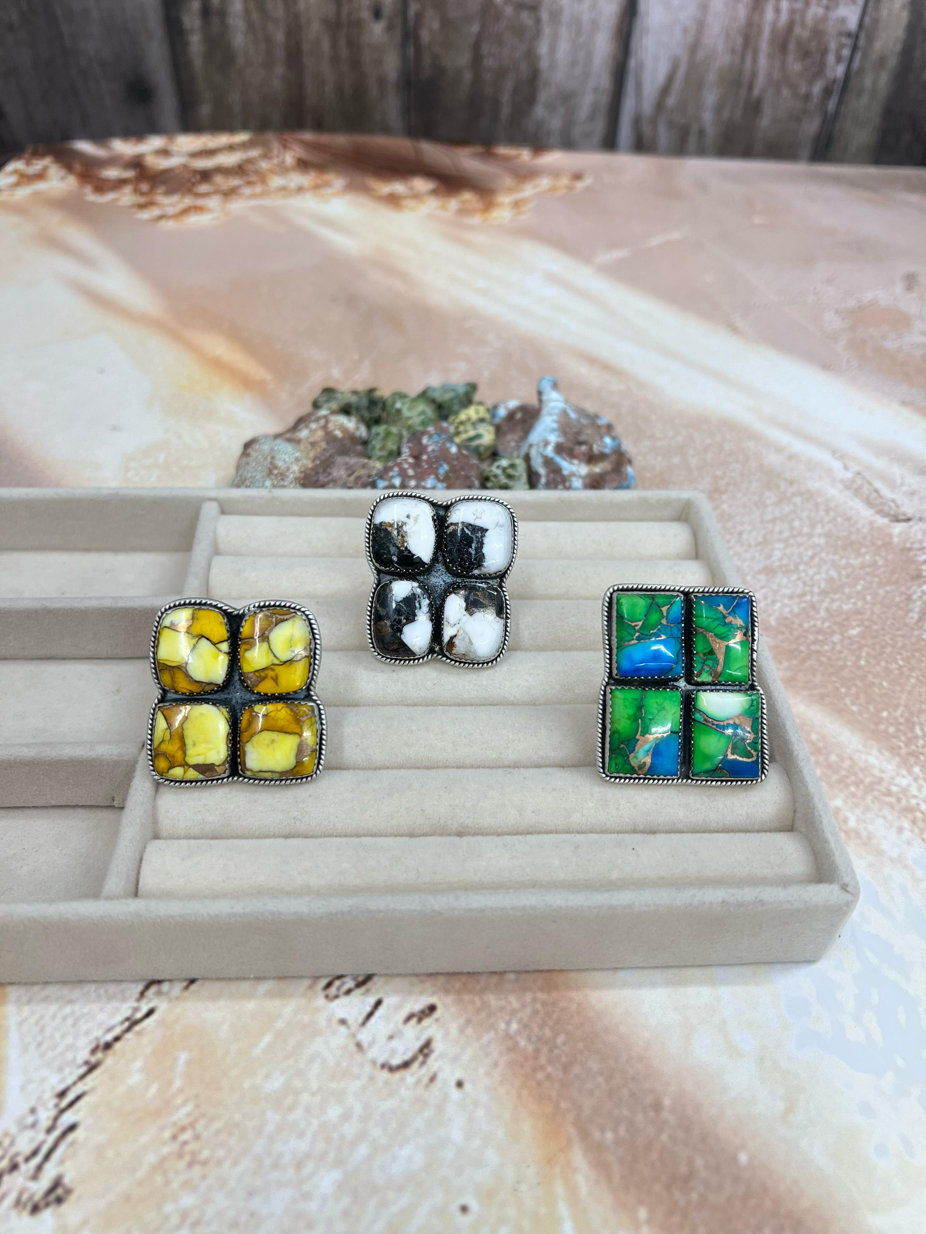 Handmade Sterling Silver Multi Stone Adjustable Rings with Signed Nizhoni (f9)