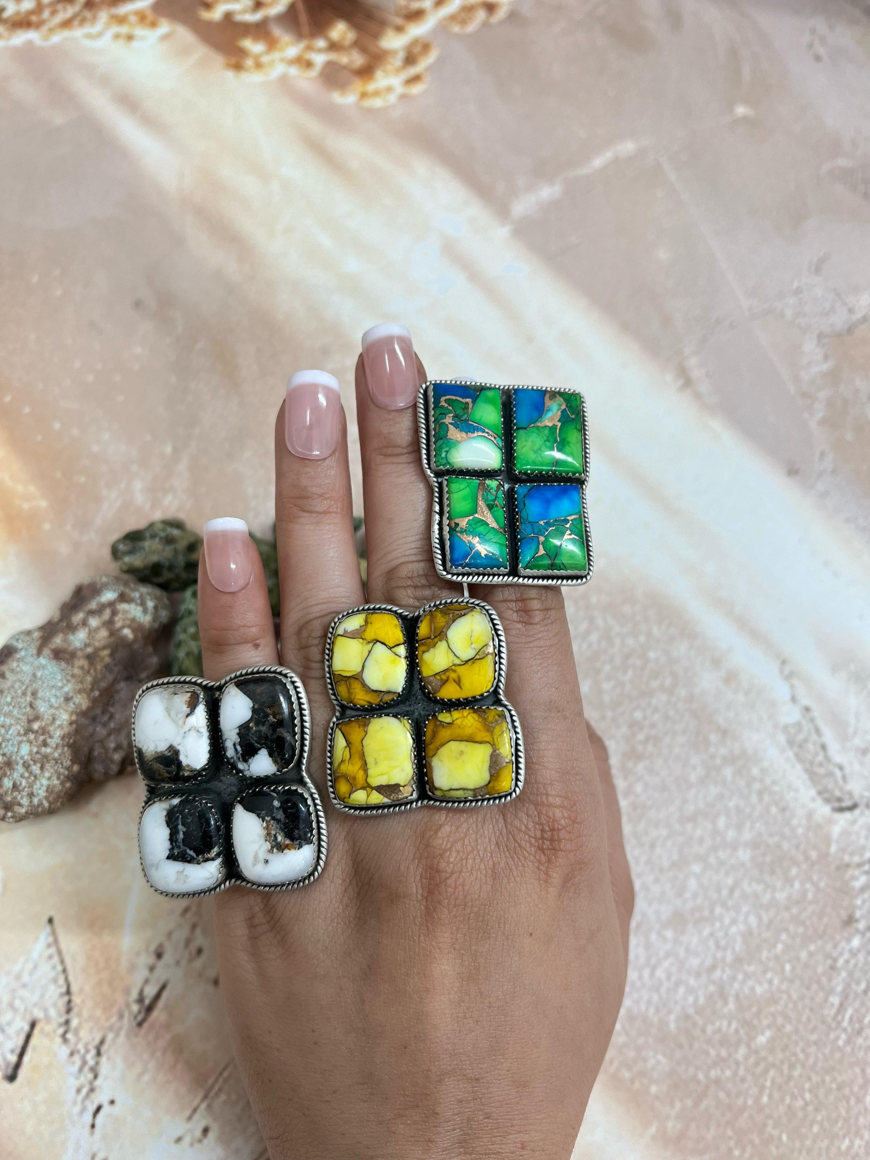 Handmade Sterling Silver Multi Stone Adjustable Rings with Signed Nizhoni (f9)