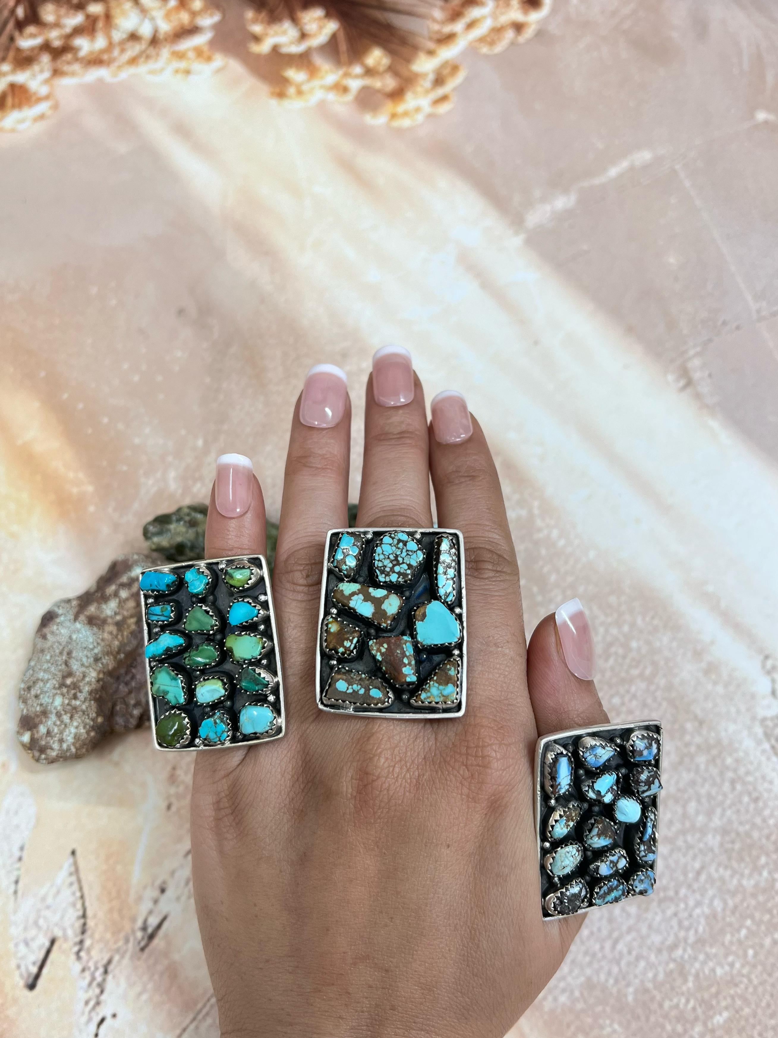 Handmade Sterling Silver Multi Stone Adjustable Rings with Signed Nizhoni
