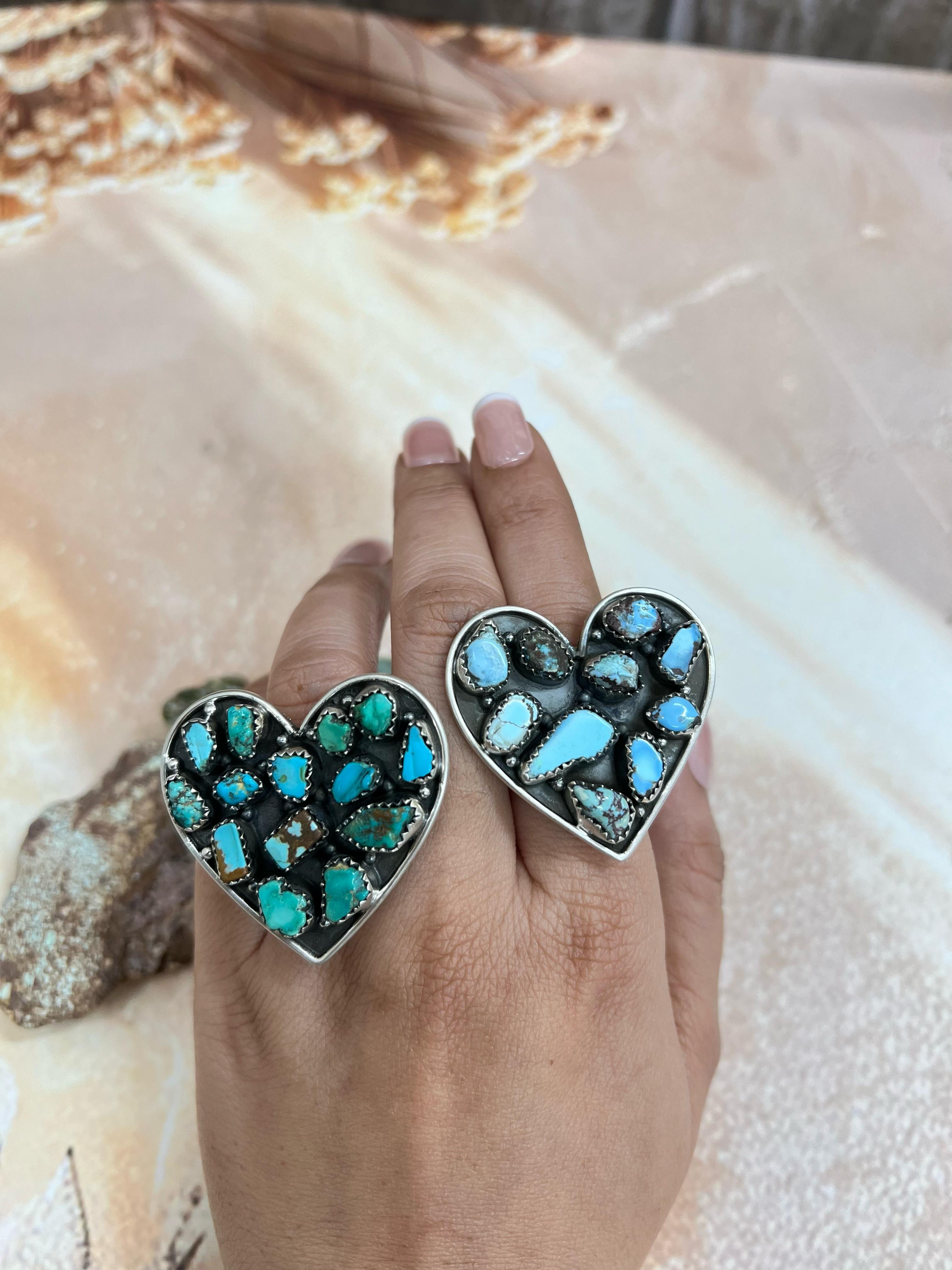 Handmade Sterling Silver Golden Hills, Sonoran Mountain Turquoise Adjustable Rings with Signed Nizhoni