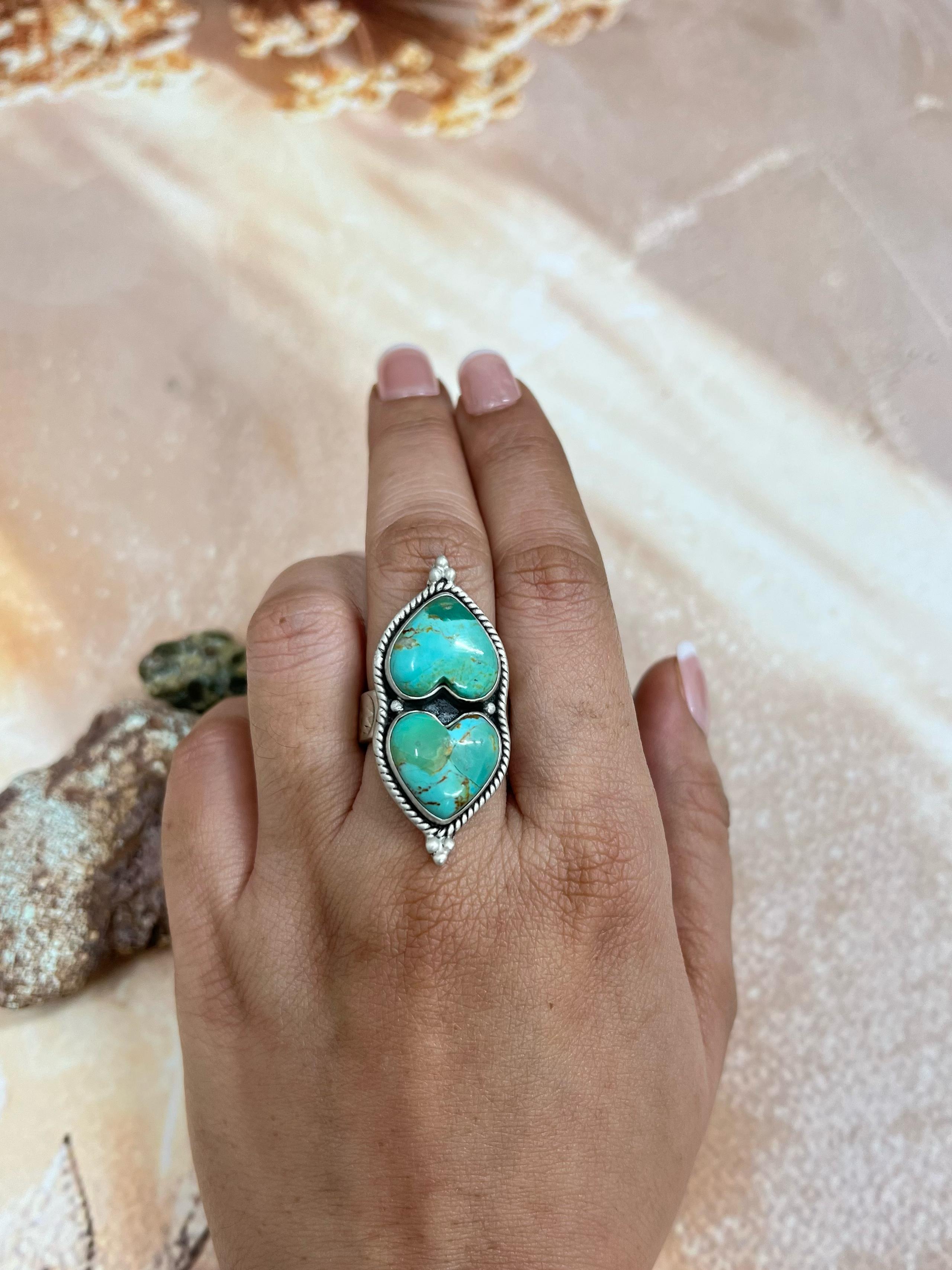 Handmade Sterling Silver Kingman Turquoise Adjustable Ring with Signed Nizhoni (f7)