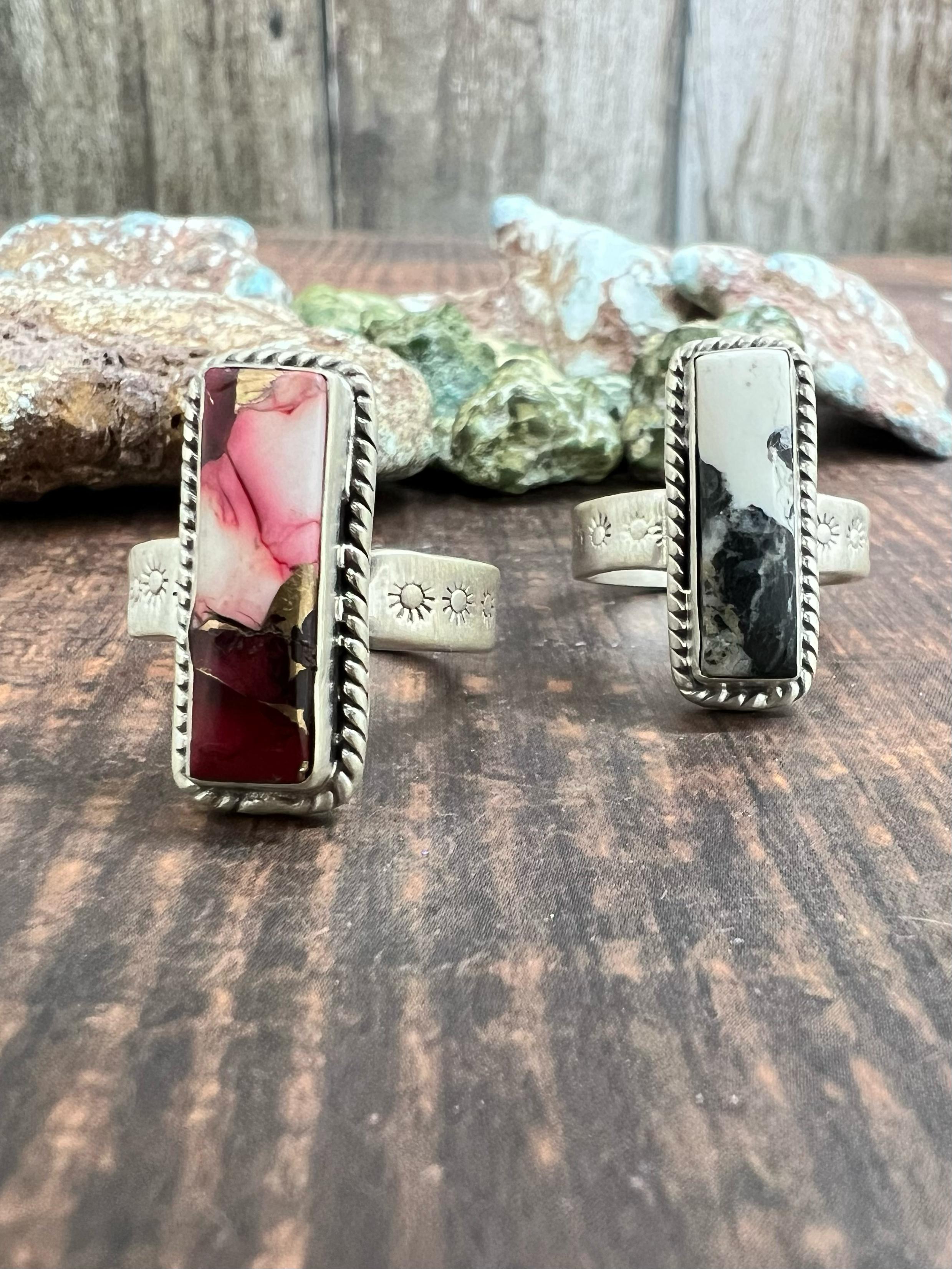 Handmade Sterling Silver Dahlia Rose, White Buffalo Turquoise Ring wit