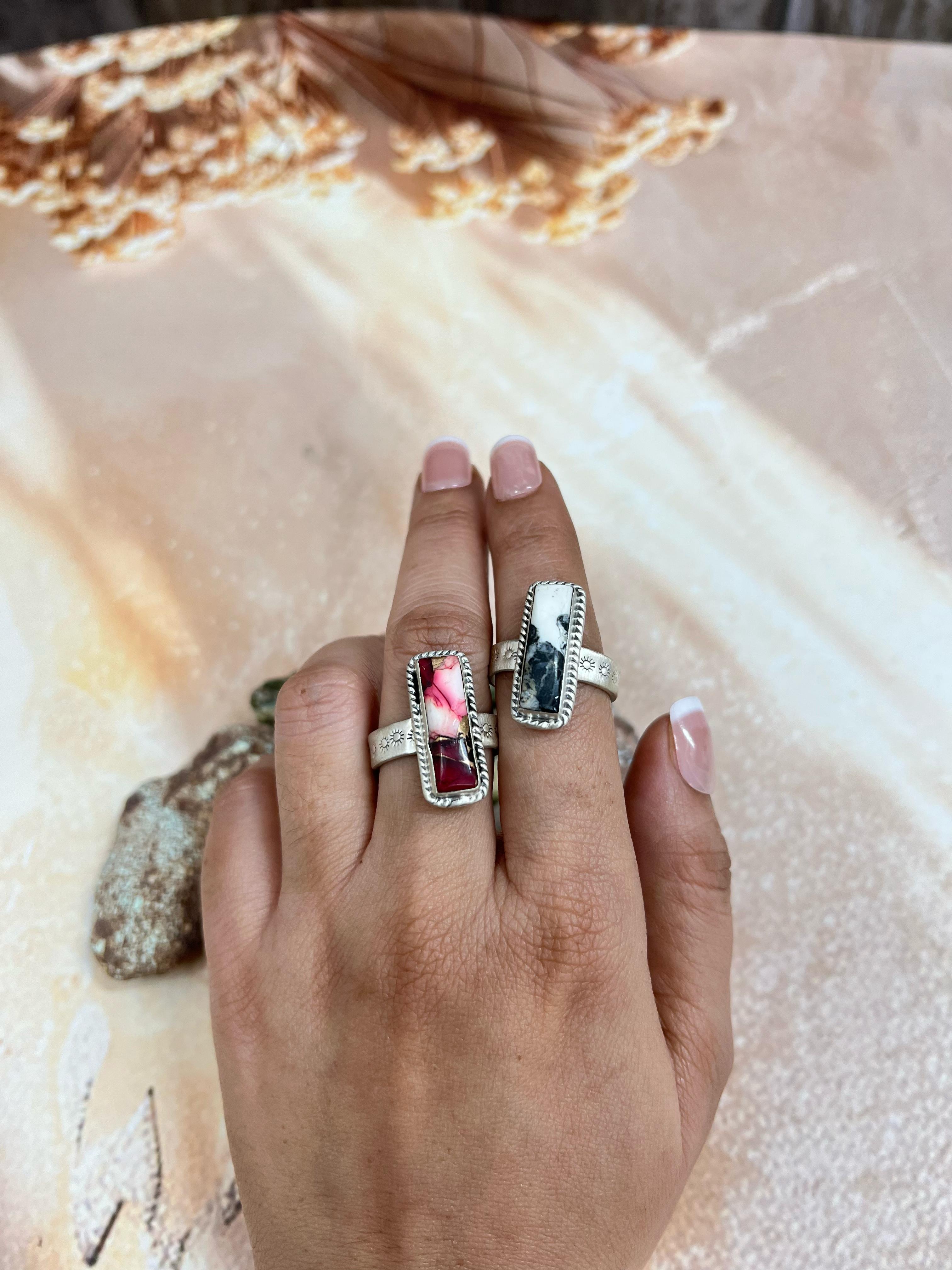 Handmade Sterling Silver Dahlia Rose, White Buffalo Turquoise Ring wit