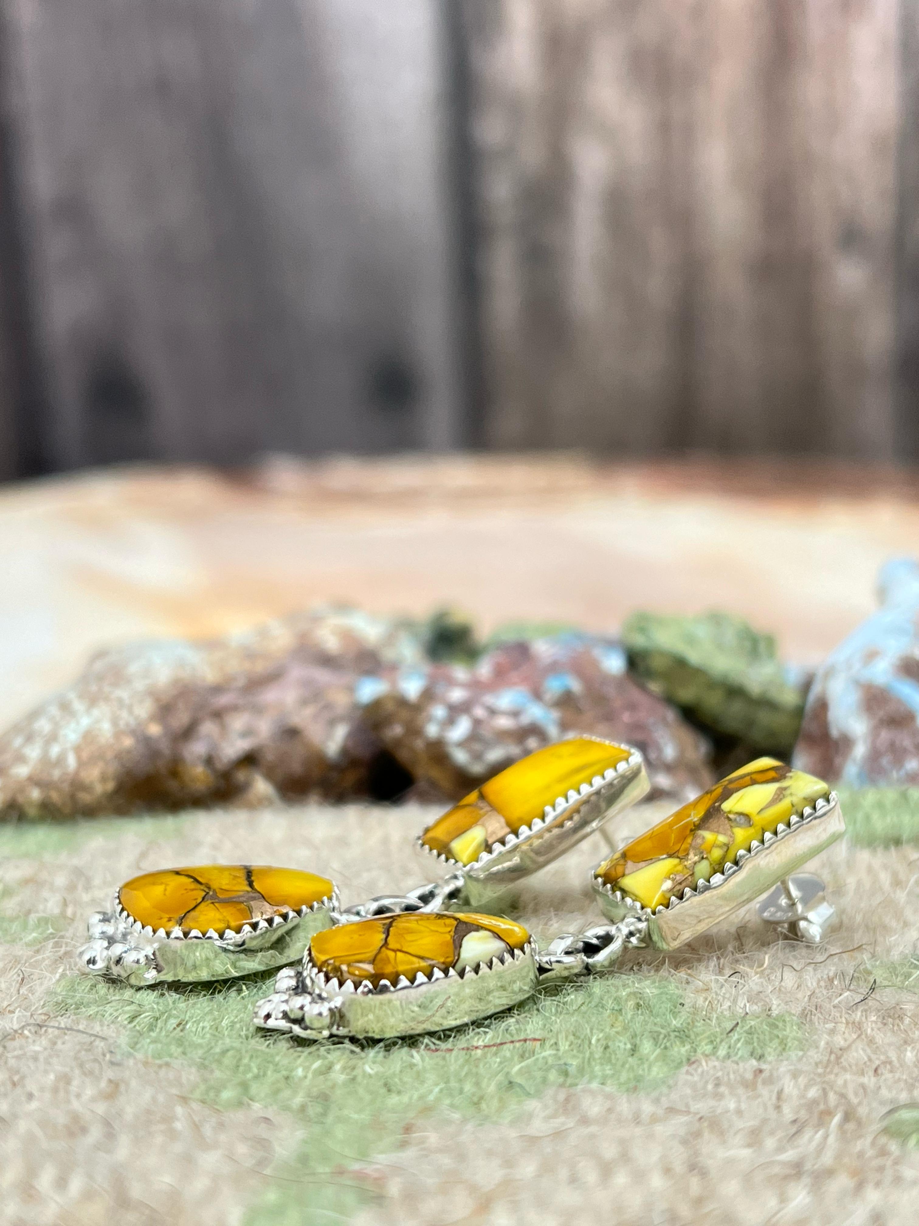 Handmade Sterling Silver Honey Dahlia Dangle Earrings with Signed Nizhoni (f4)