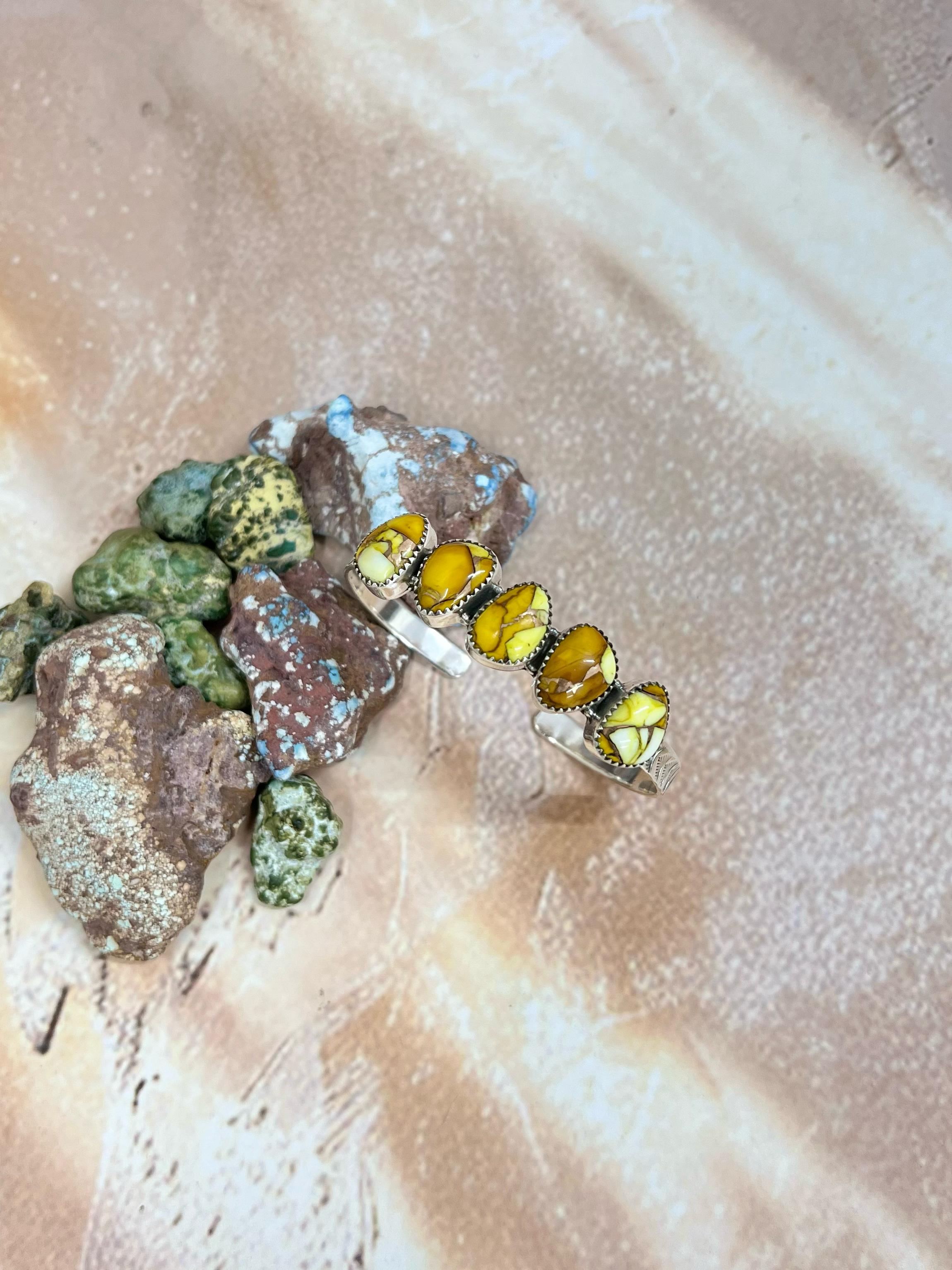 Handmade Sterling Silver Honey Dahlia Cuff Bracelet with Signed Nizhoni