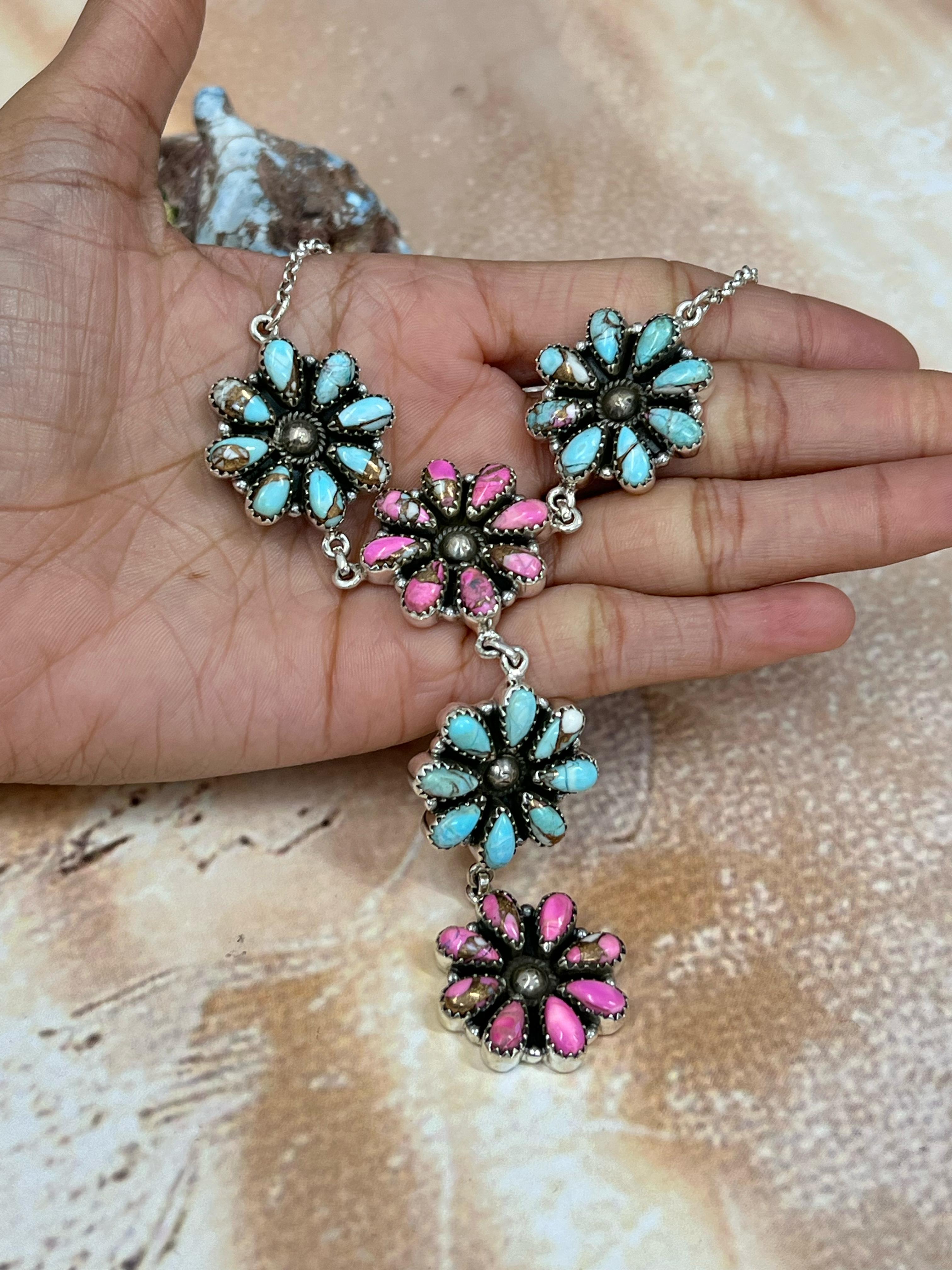 Handmade Sterling Silver Cotton Candy Turquoise Necklace with Signed Nizhoni