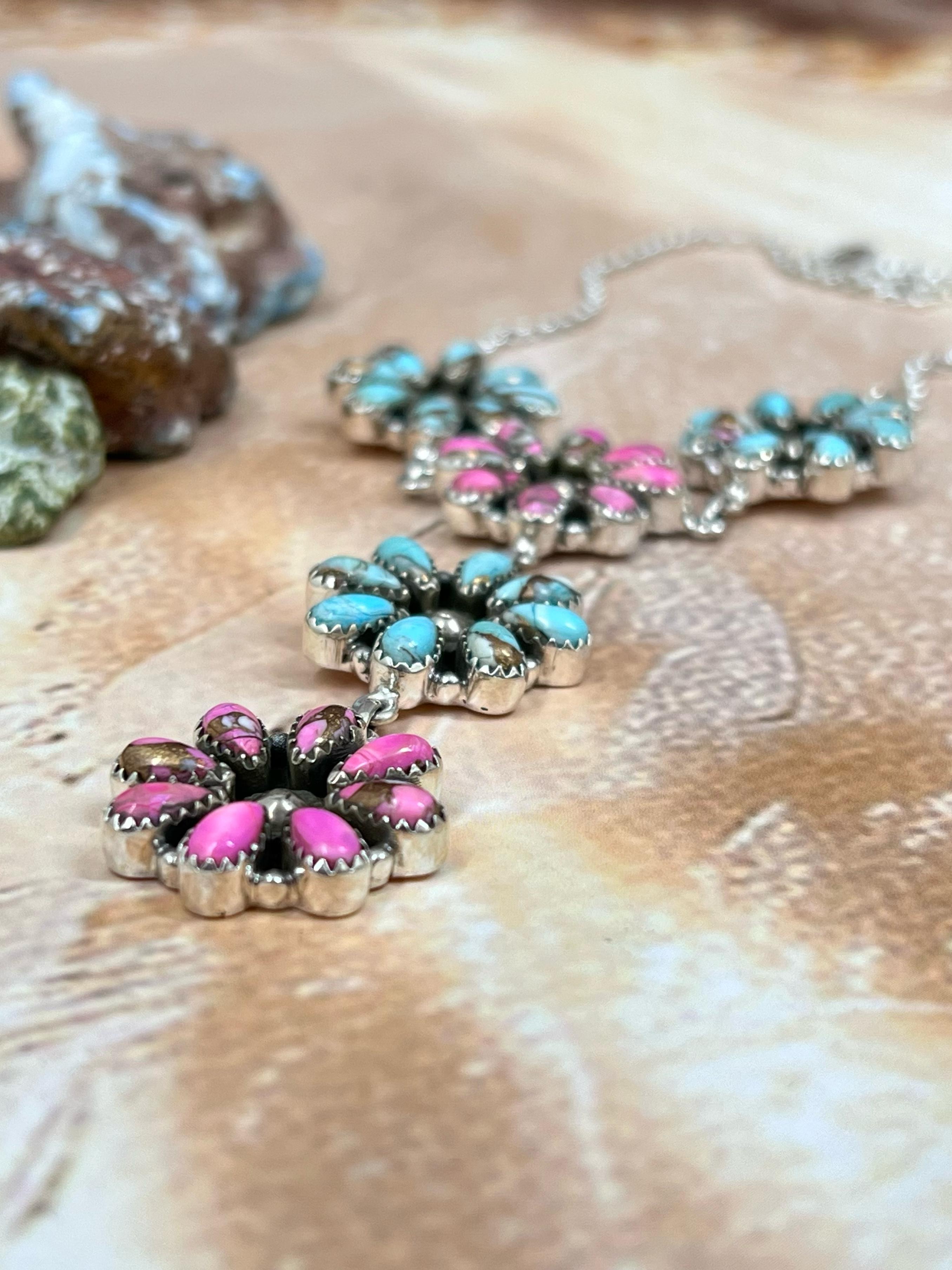 Handmade Sterling Silver Cotton Candy Turquoise Necklace with Signed Nizhoni