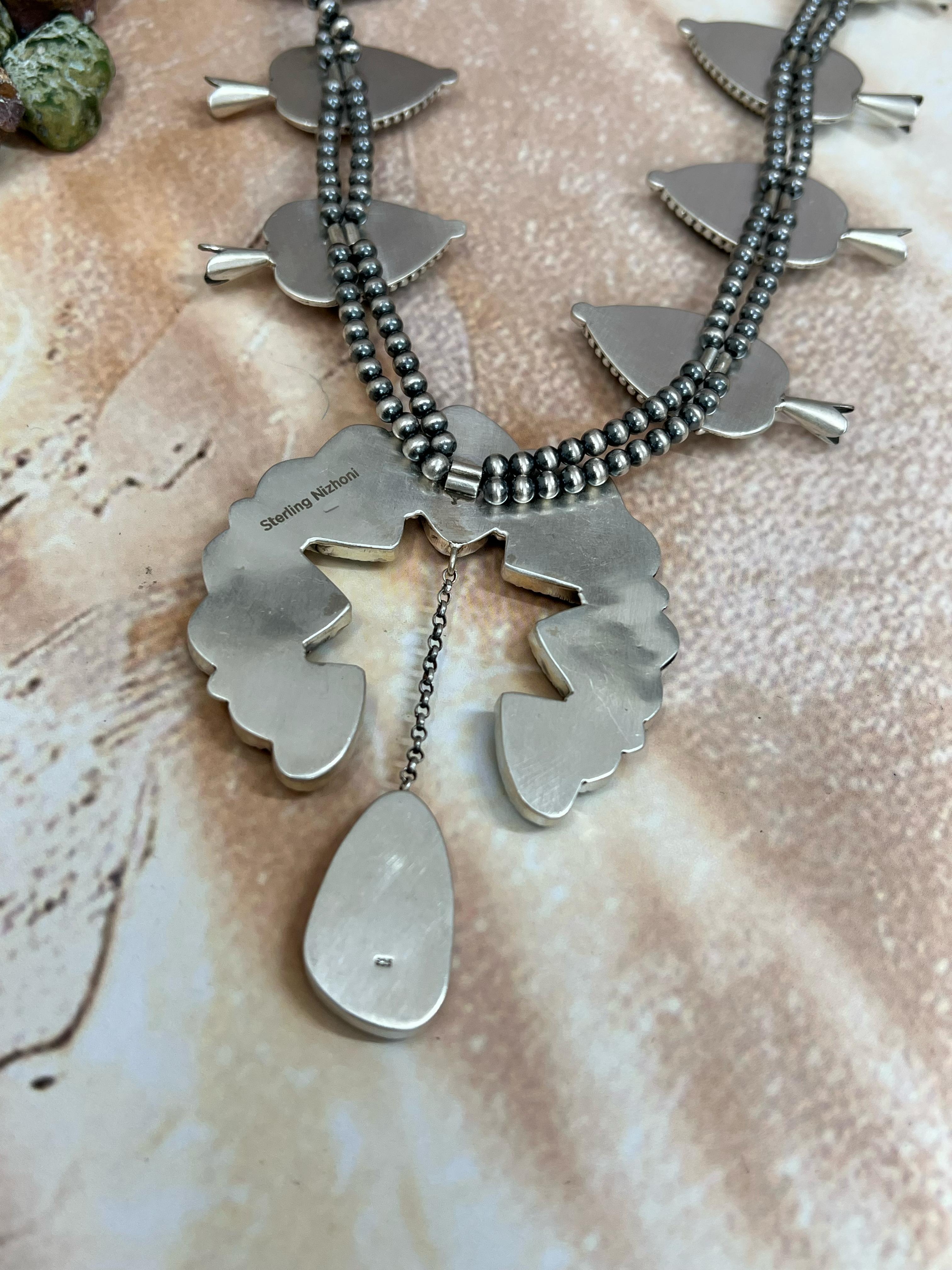 Handmade Sterling Silver Blackjack Turquoise Squash Blossom Necklace S